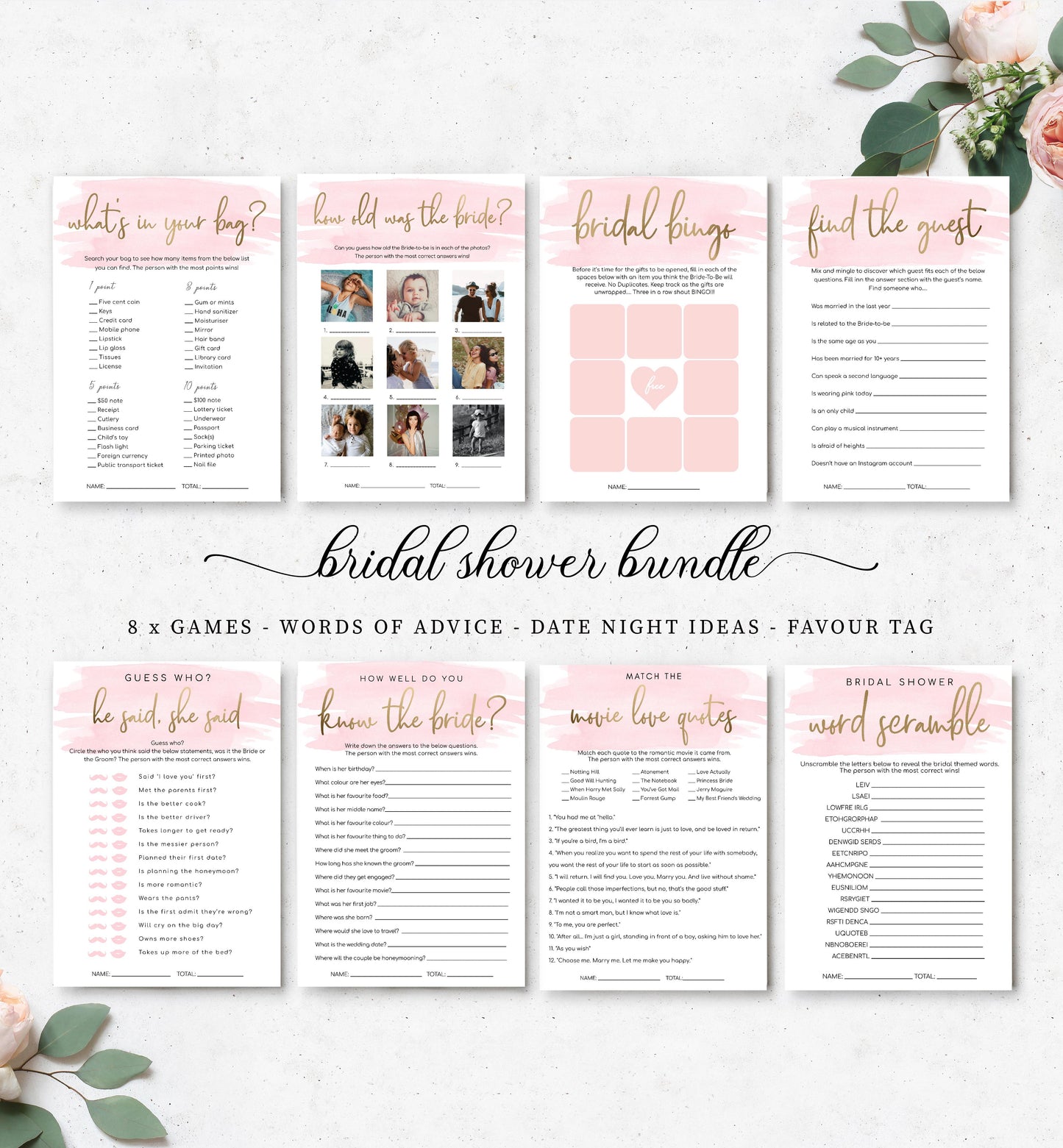 Watercolour Pink | Printable Bridal Shower Games Bundle Template
