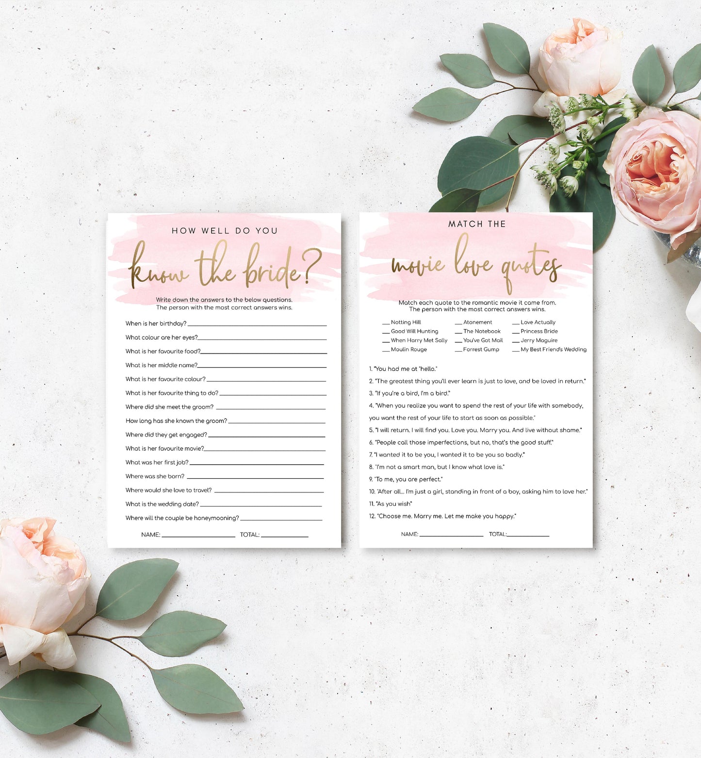 Watercolour Pink | Printable Bridal Shower Games Bundle Template