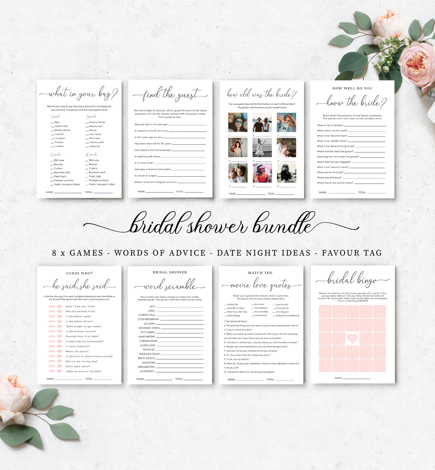 Quinn Script White | Printable Bridal Shower Games Bundle