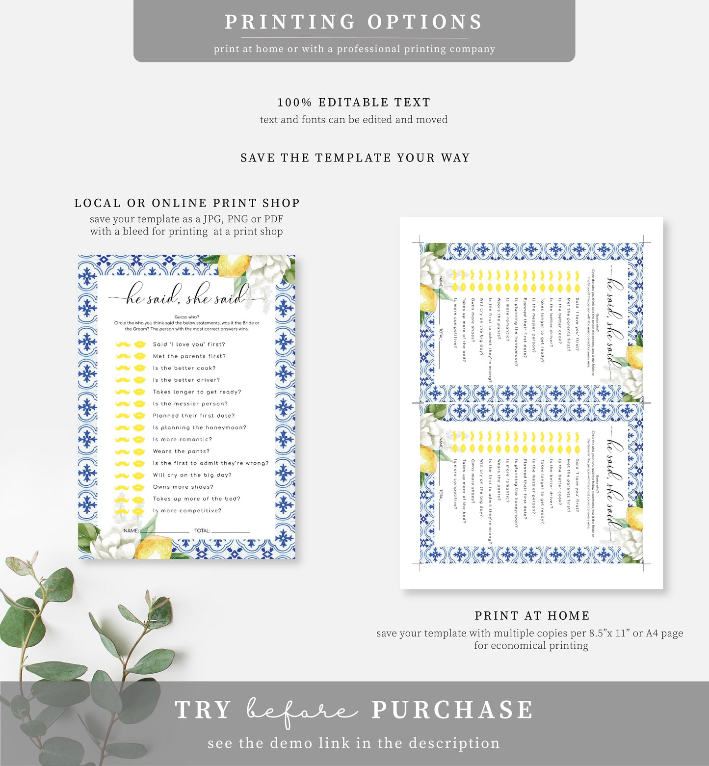 The Med Lemons | Printable Bridal Shower Games Bundle - Black Bow Studio