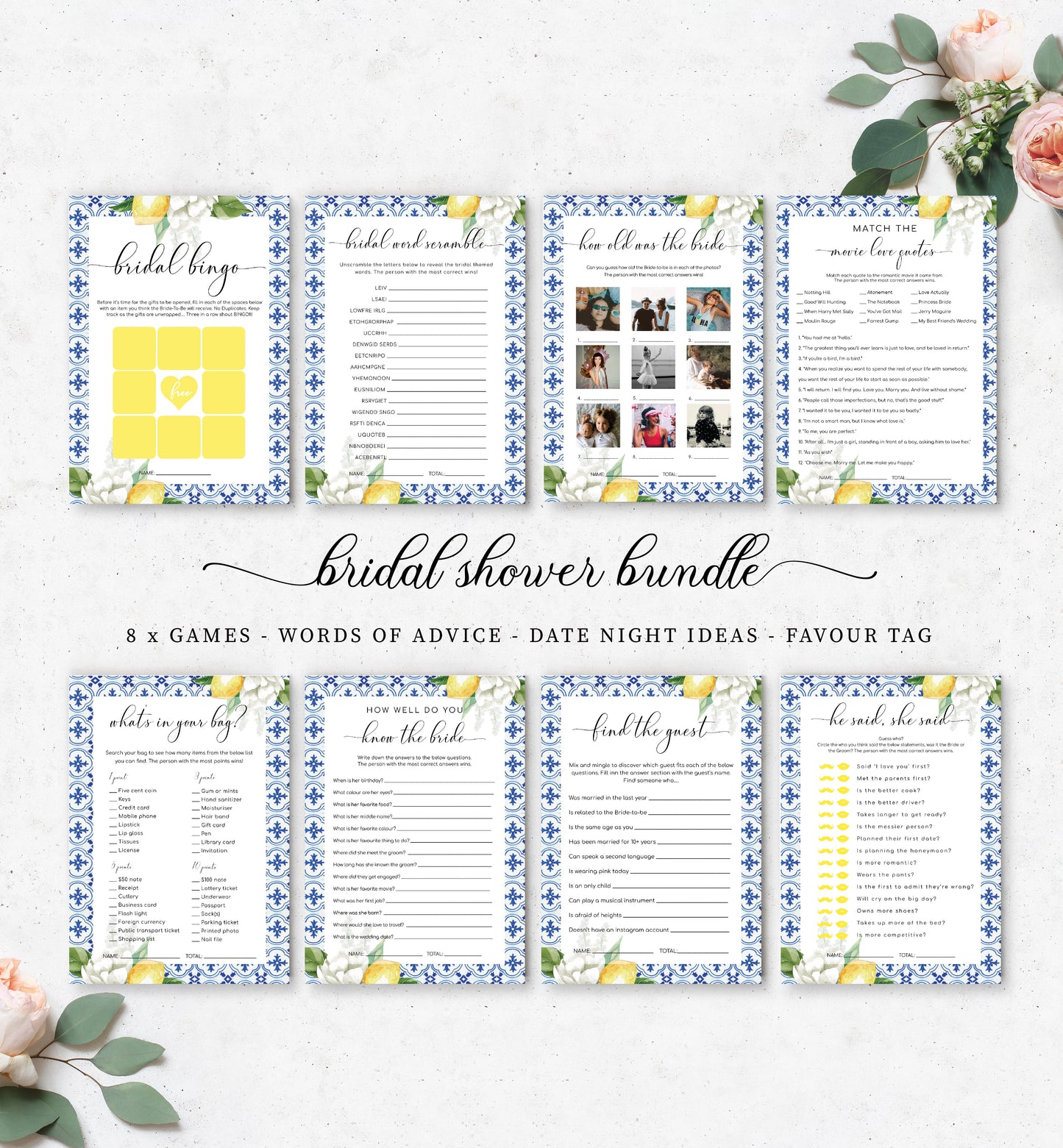 The Med Lemons | Printable Bridal Shower Games Bundle - Black Bow Studio