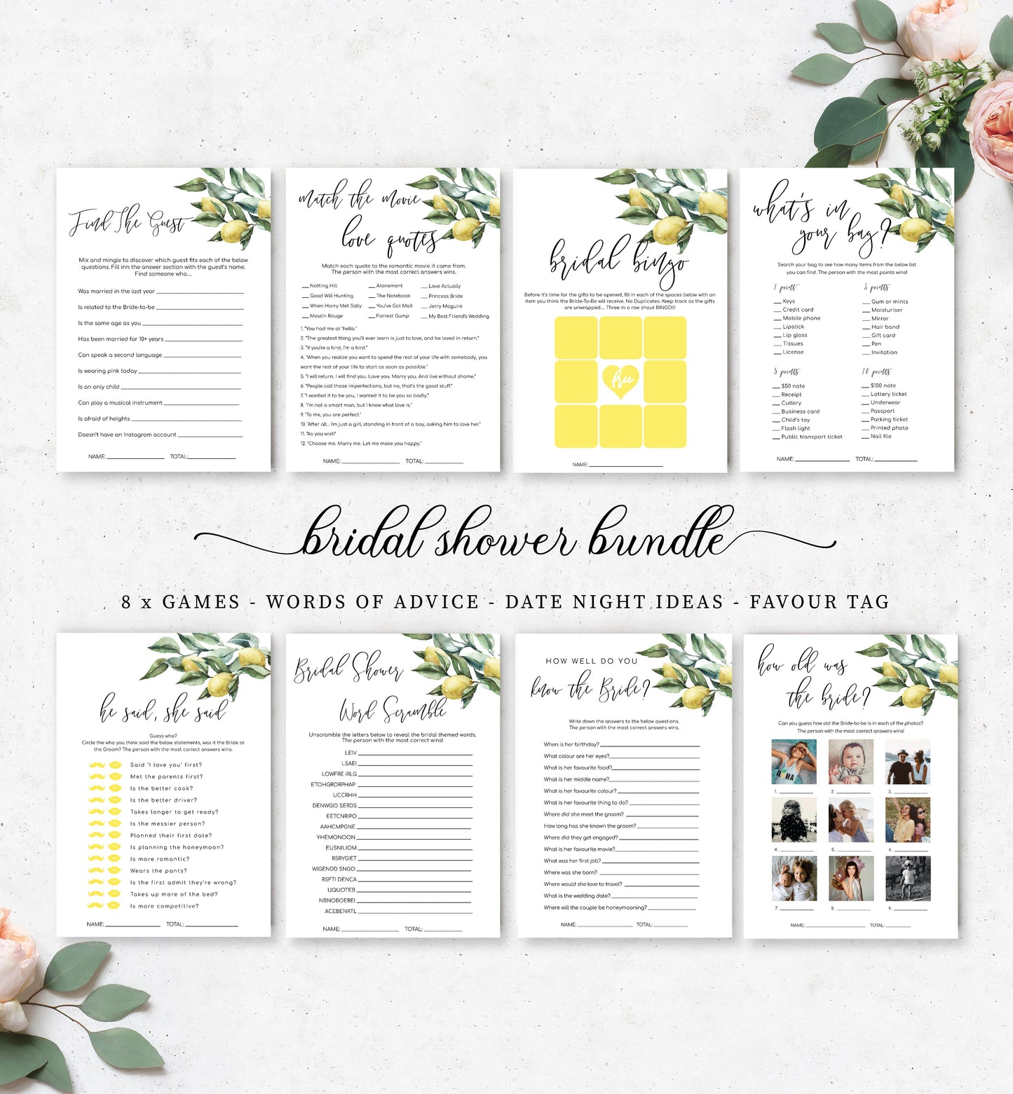 Tuscan Lemons | Printable Bridal Shower Games Bundle - Black Bow Studio