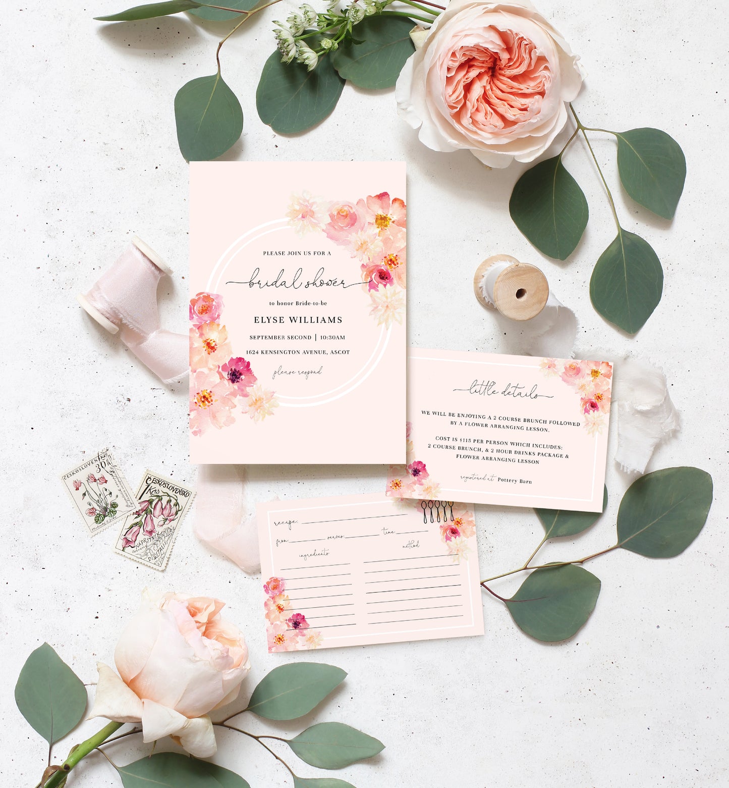 Abbieville Floral Pink | Printable Bridal Shower Invitation Suite Template - Black Bow Studio