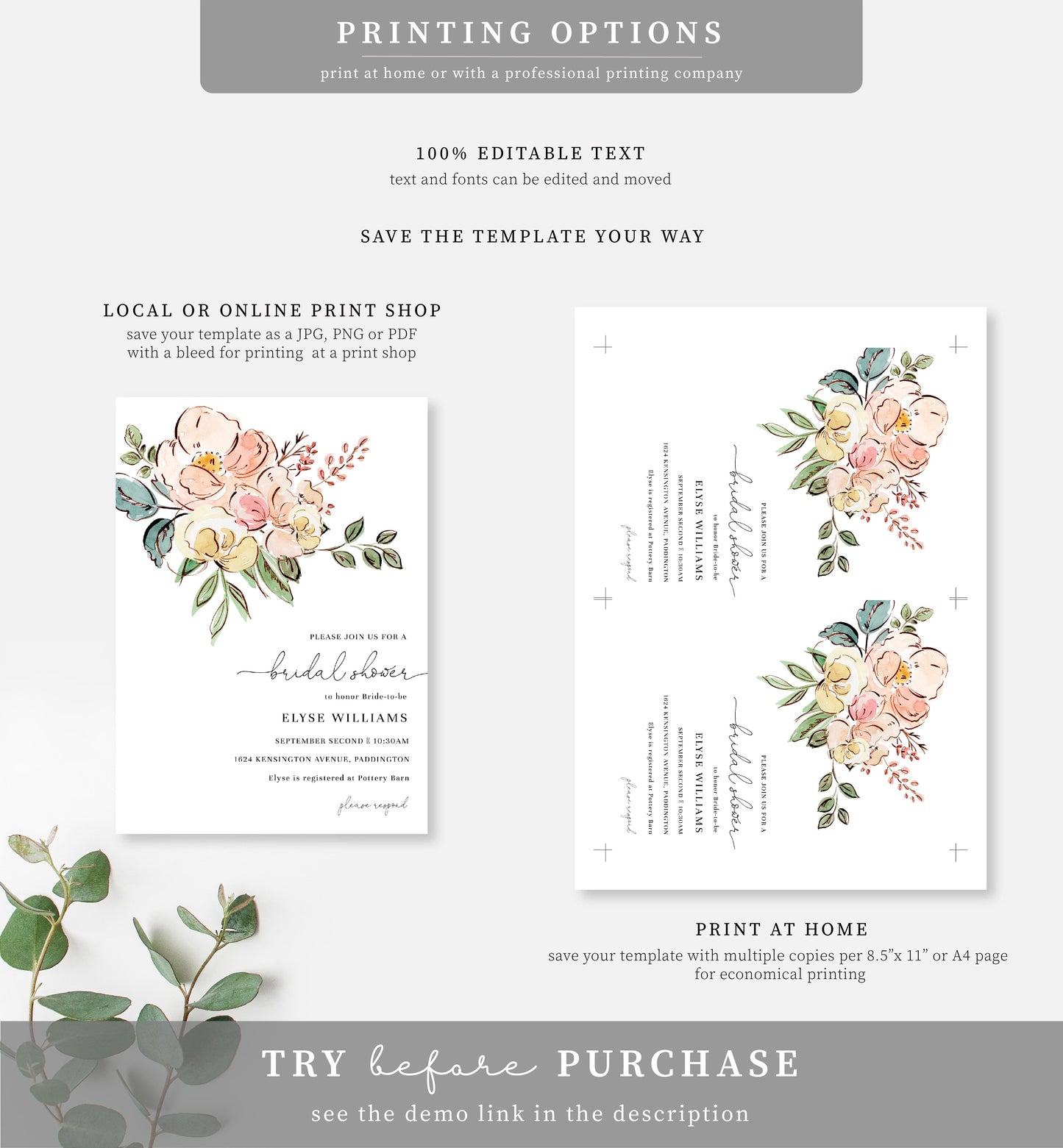 Cambridge Floral Multi | Printable Bridal Shower Invitation Suite Template - Black Bow Studio