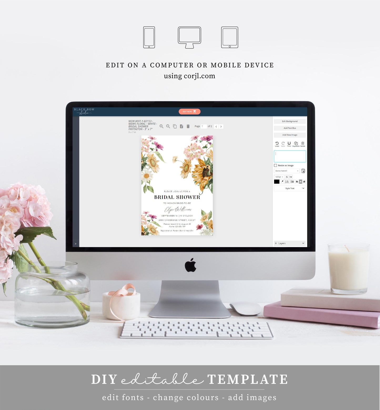 Mews Floral White | Printable Bridal Shower Invitation Suite Template