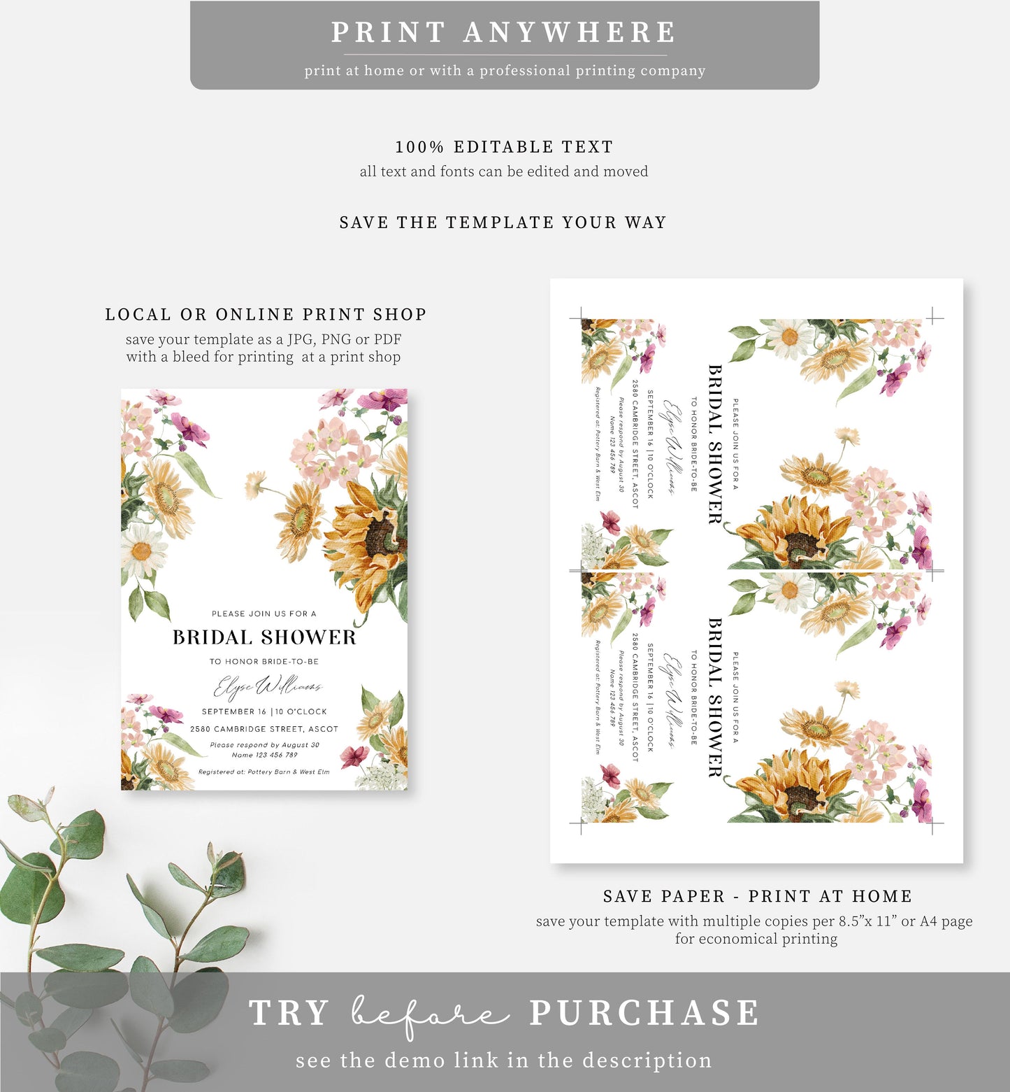 Mews Floral White | Printable Bridal Shower Invitation Suite Template