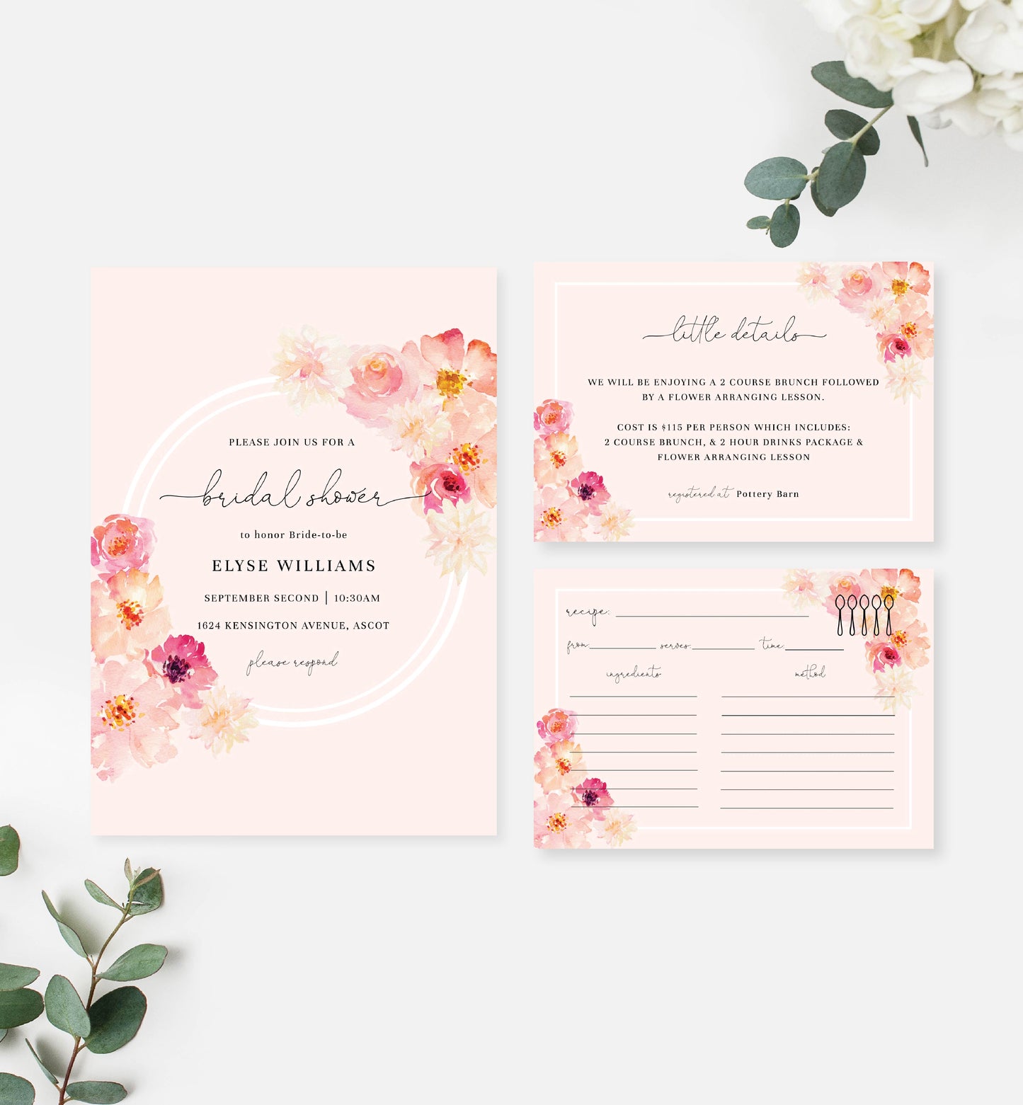 Abbieville Floral Pink | Printable Bridal Shower Invitation Suite Template - Black Bow Studio