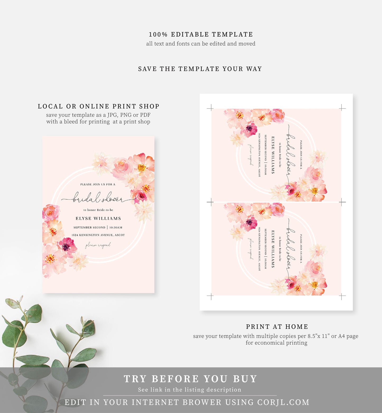 Abbieville Floral Pink | Printable Bridal Shower Invitation Suite Template - Black Bow Studio