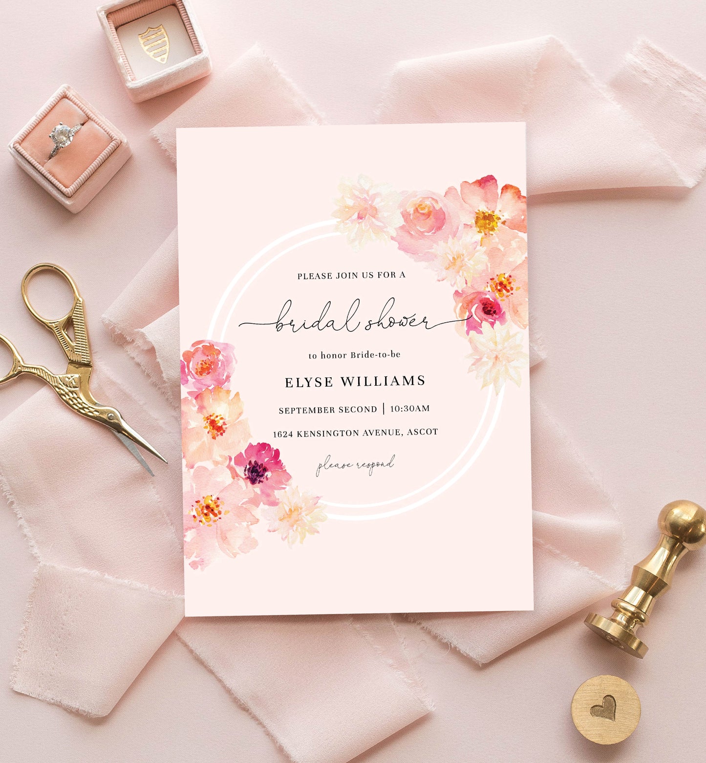 Abbieville Floral Pink | Printable Bridal Shower Invitation Suite Template - Black Bow Studio