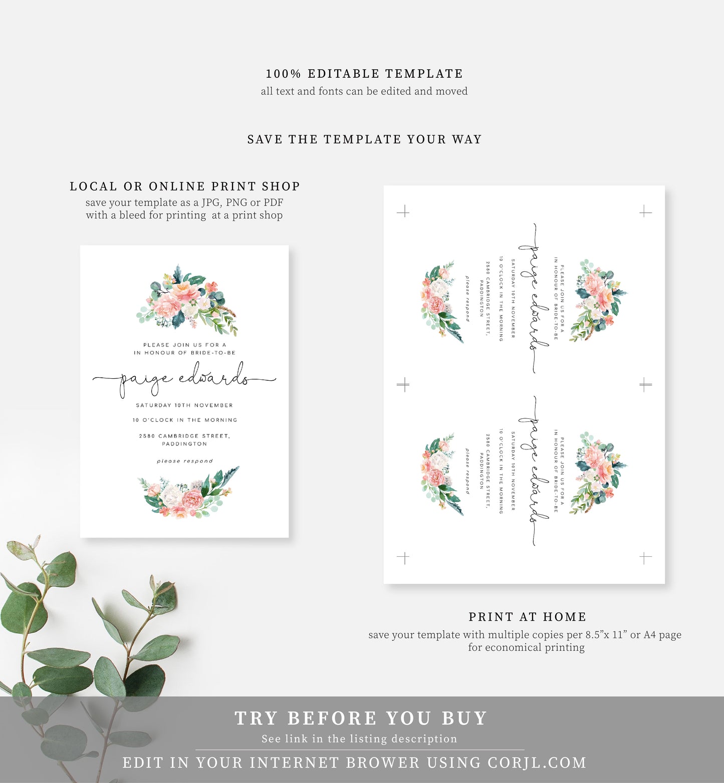 Afternoon Blooms | Printable Bridal Shower Invitation Suite Template - Black Bow Studio