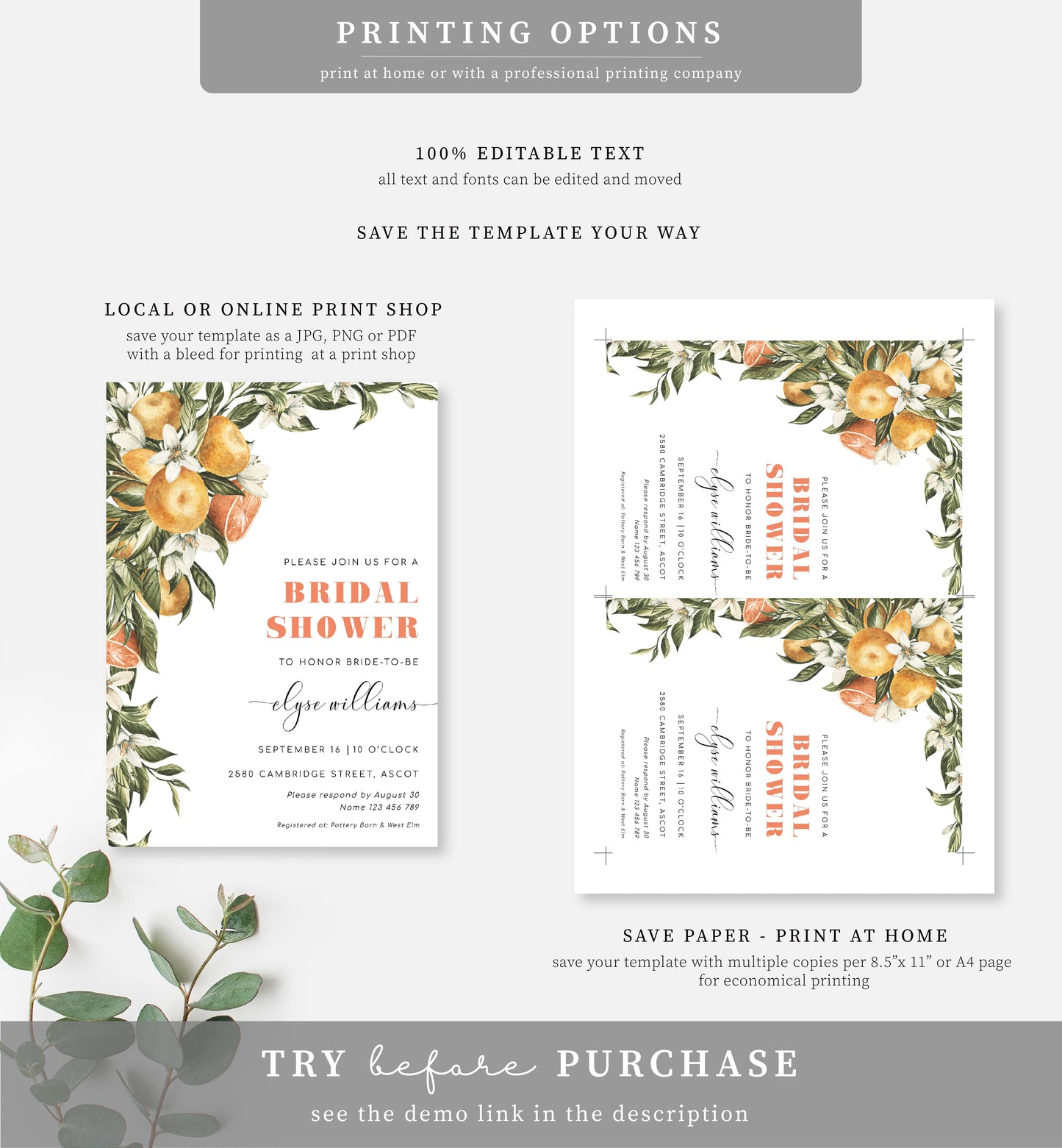 Clementine White | Printable Bridal Shower Invitation Template