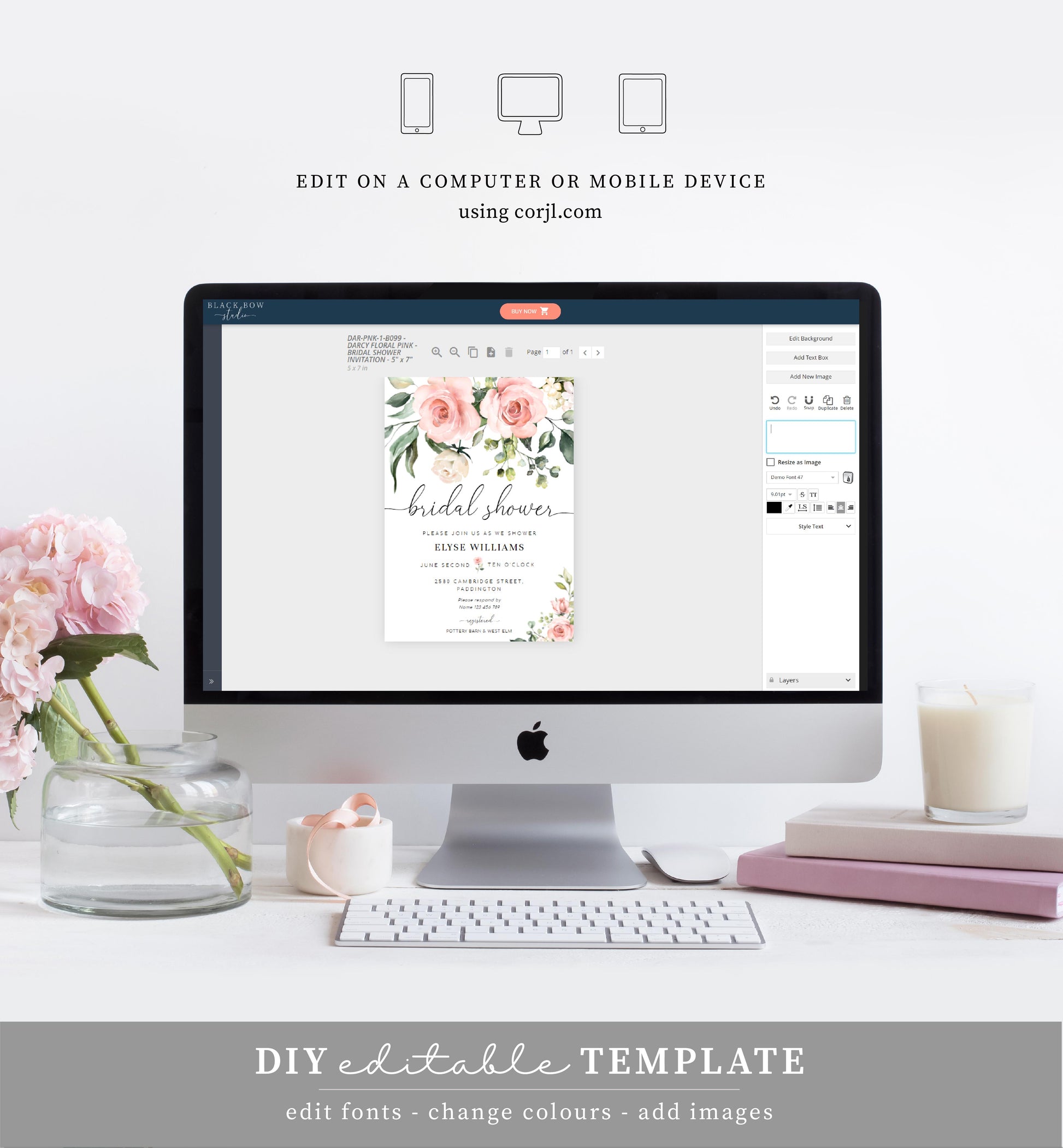 Darcy Floral Pink | Printable Bridal Shower Invitation Suite Template - Black Bow Studio