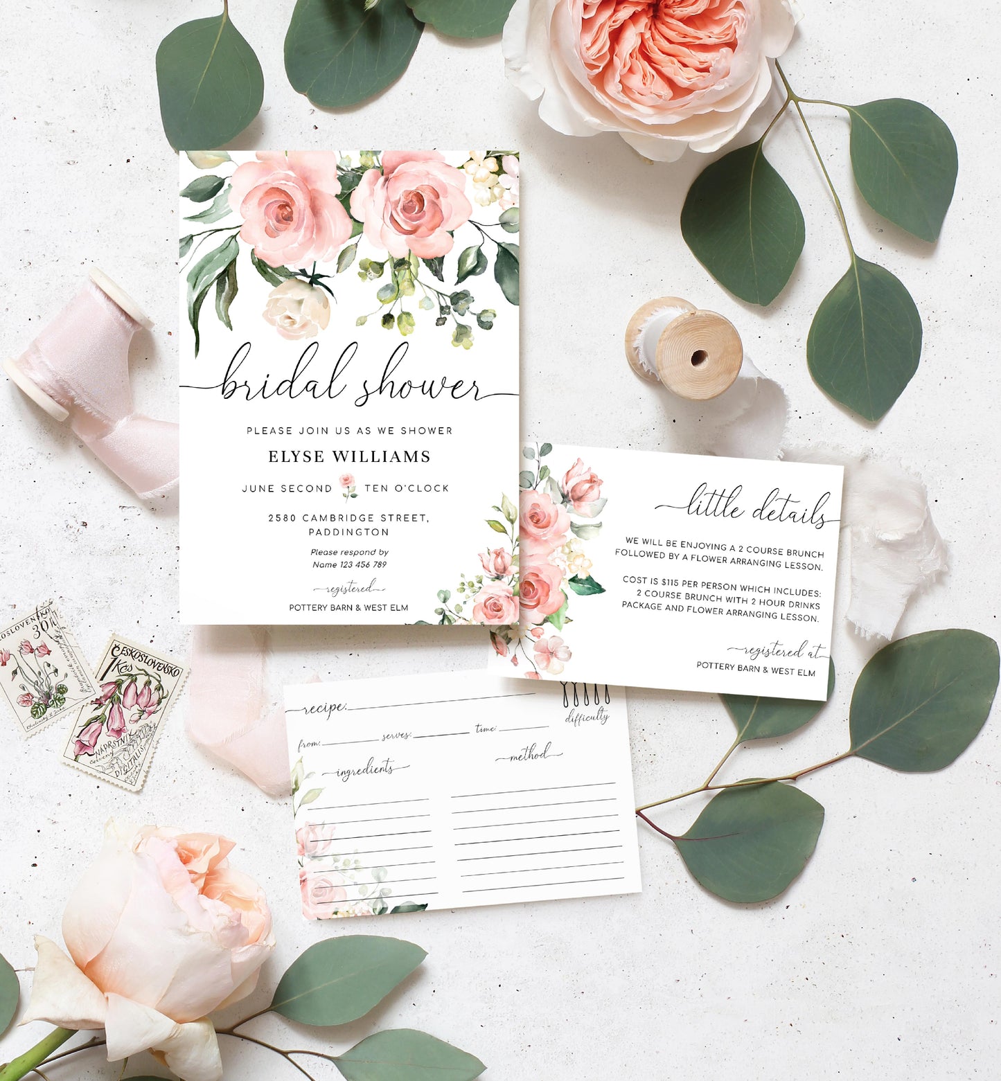 Darcy Floral Pink | Printable Bridal Shower Invitation Suite Template - Black Bow Studio