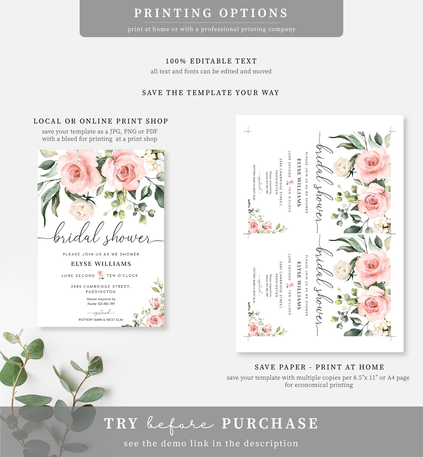 Darcy Floral Pink | Printable Bridal Shower Invitation Suite Template - Black Bow Studio