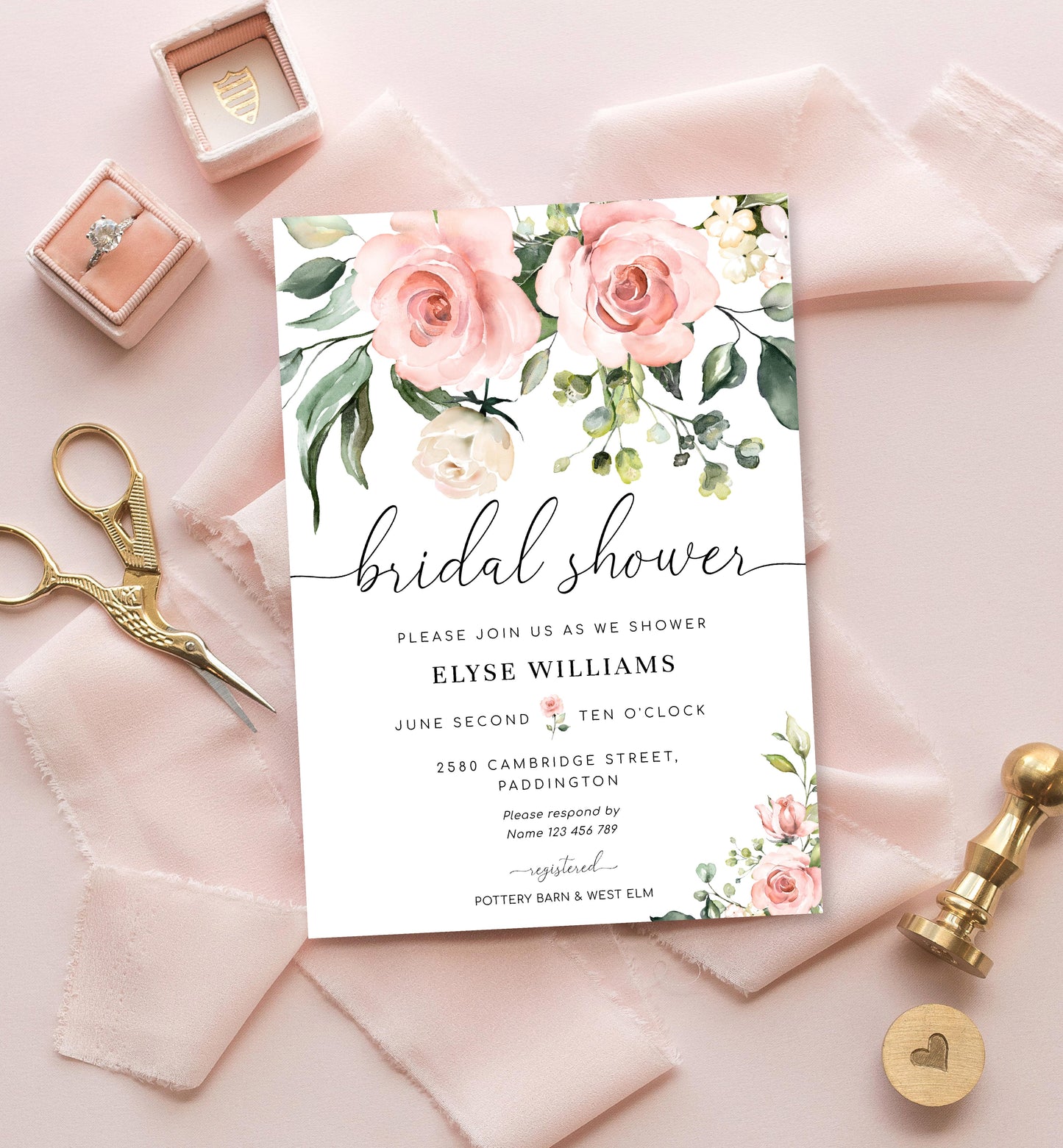 Darcy Floral Pink | Printable Bridal Shower Invitation Suite Template - Black Bow Studio