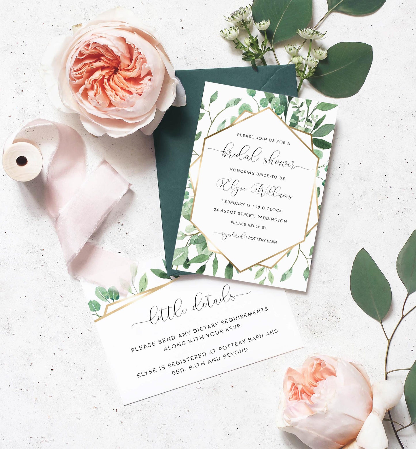 Everly Greenery | Printable Bridal Shower Invitation Suite Template