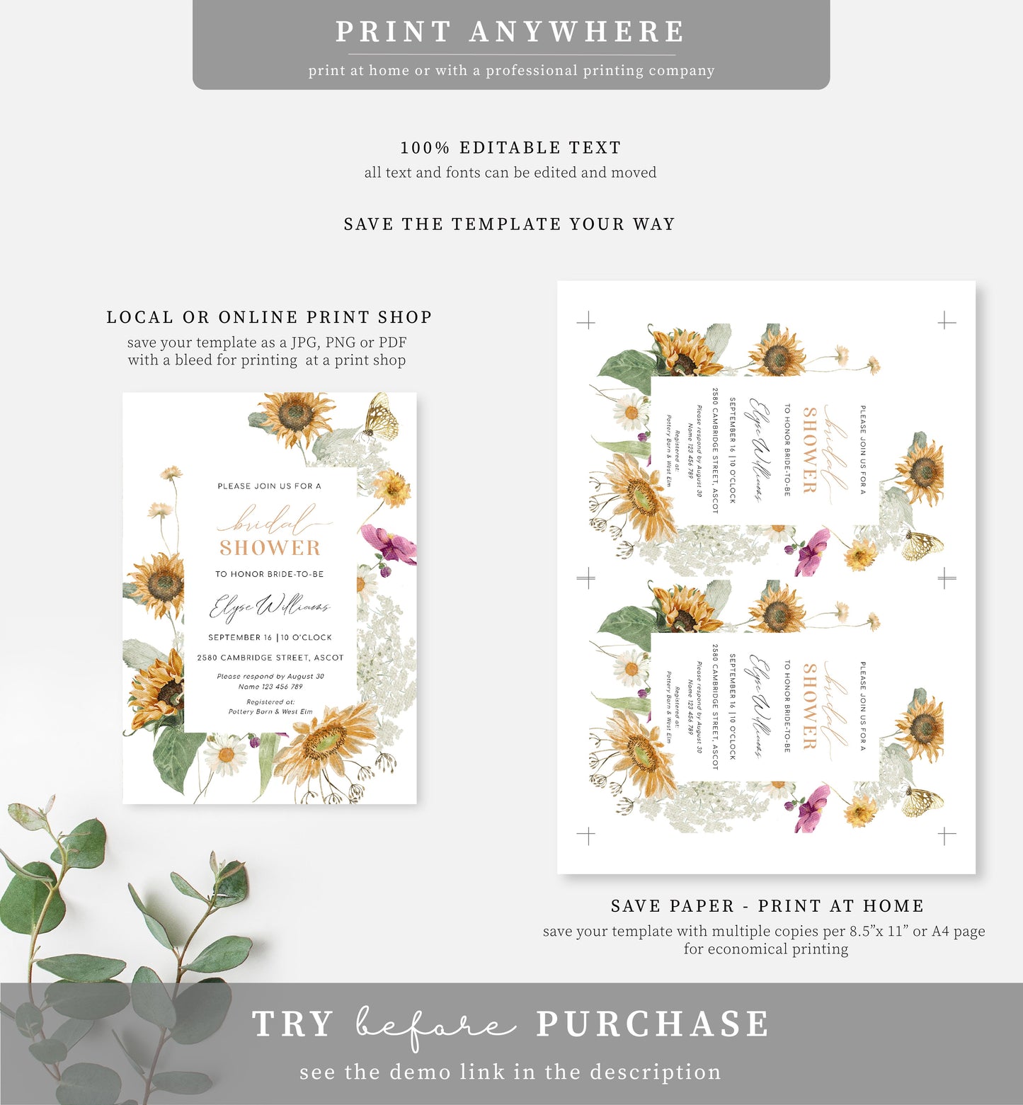 Mews Floral White | Printable Bridal Shower Invitation