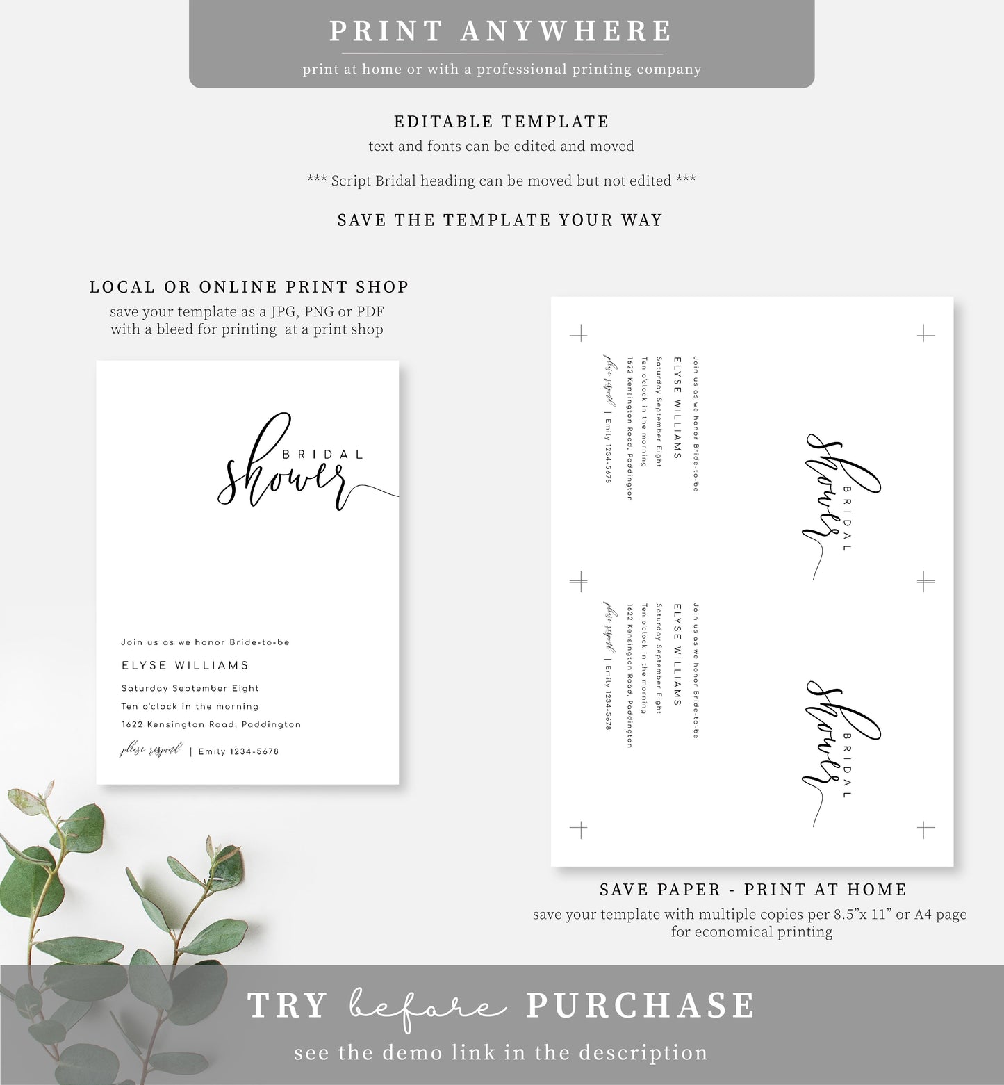 Lucas Script White | Printable Bridal Shower Invitation Template