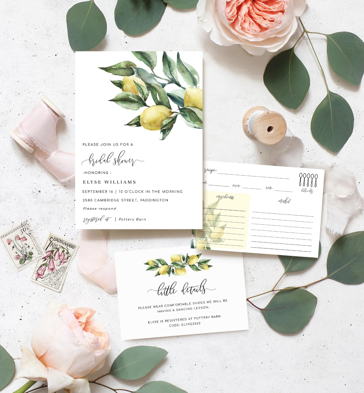 Tuscan Lemons | Printable Bridal Shower Invitation Suite - Black Bow Studio