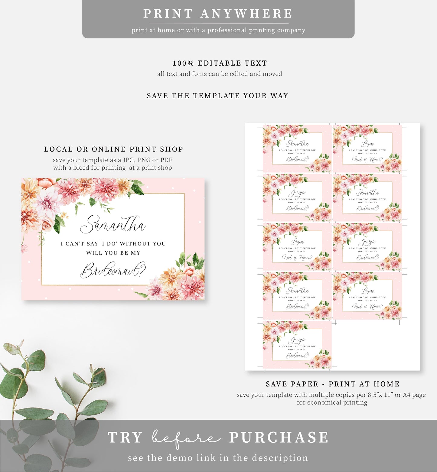 Quinn Floral Pink | Printable Bridesmaid Proposal Wine Label Template