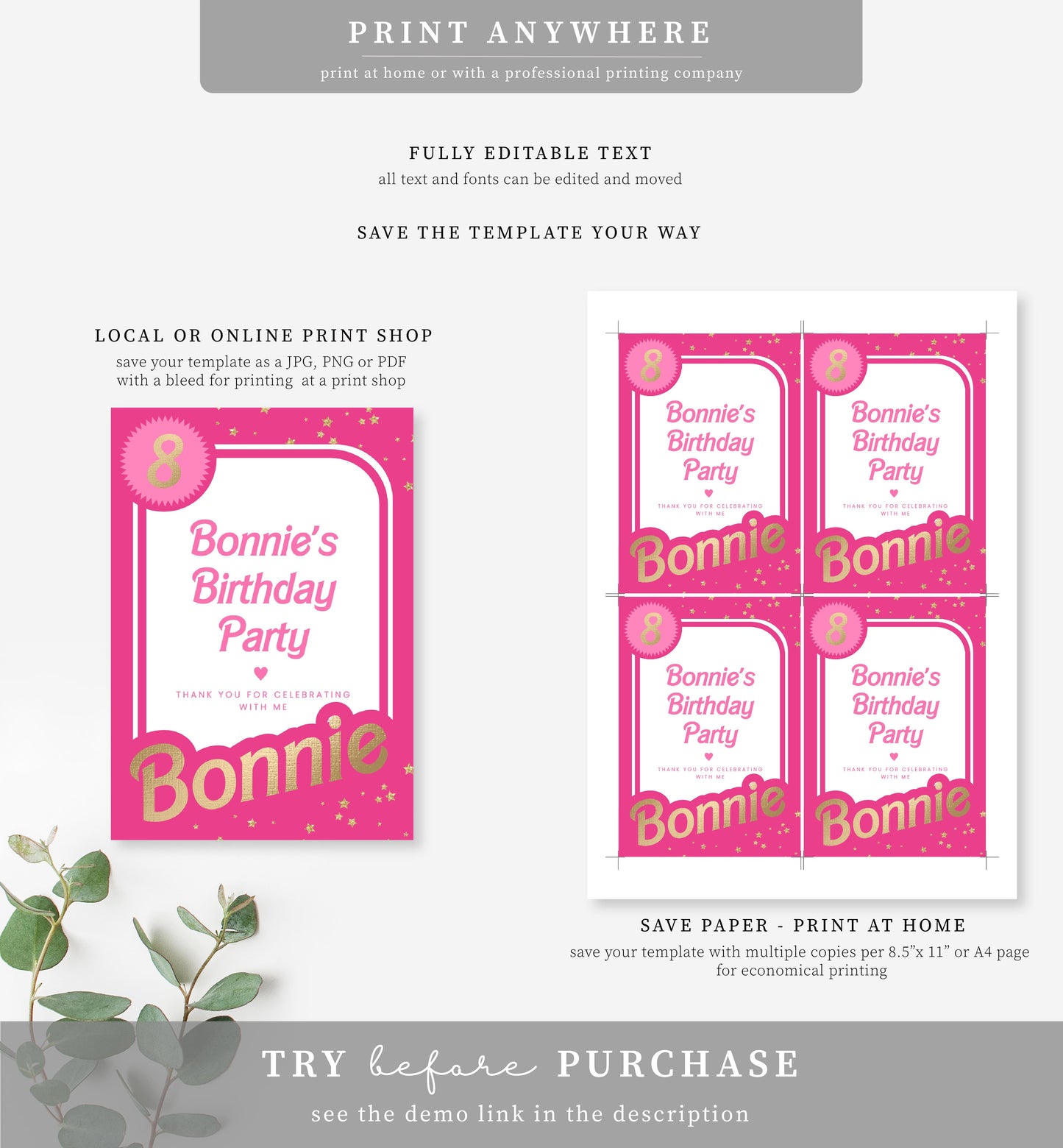 Barbie Party Hot Pink Gold | Printable Juice Pouch Label Template