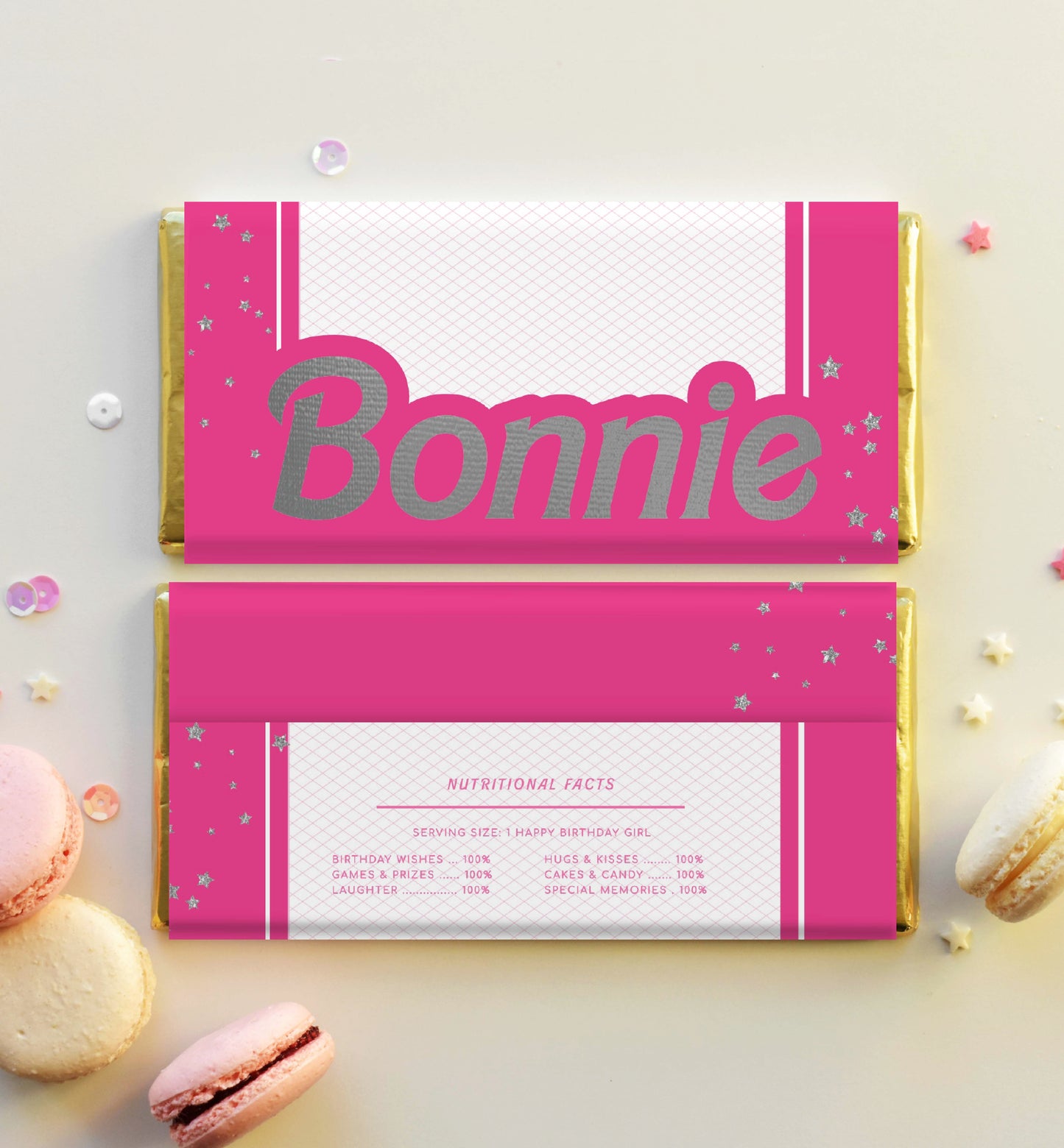 Barbie Party Hot Pink Silver | Printable Chocolate Bar Favour Wrappers Template