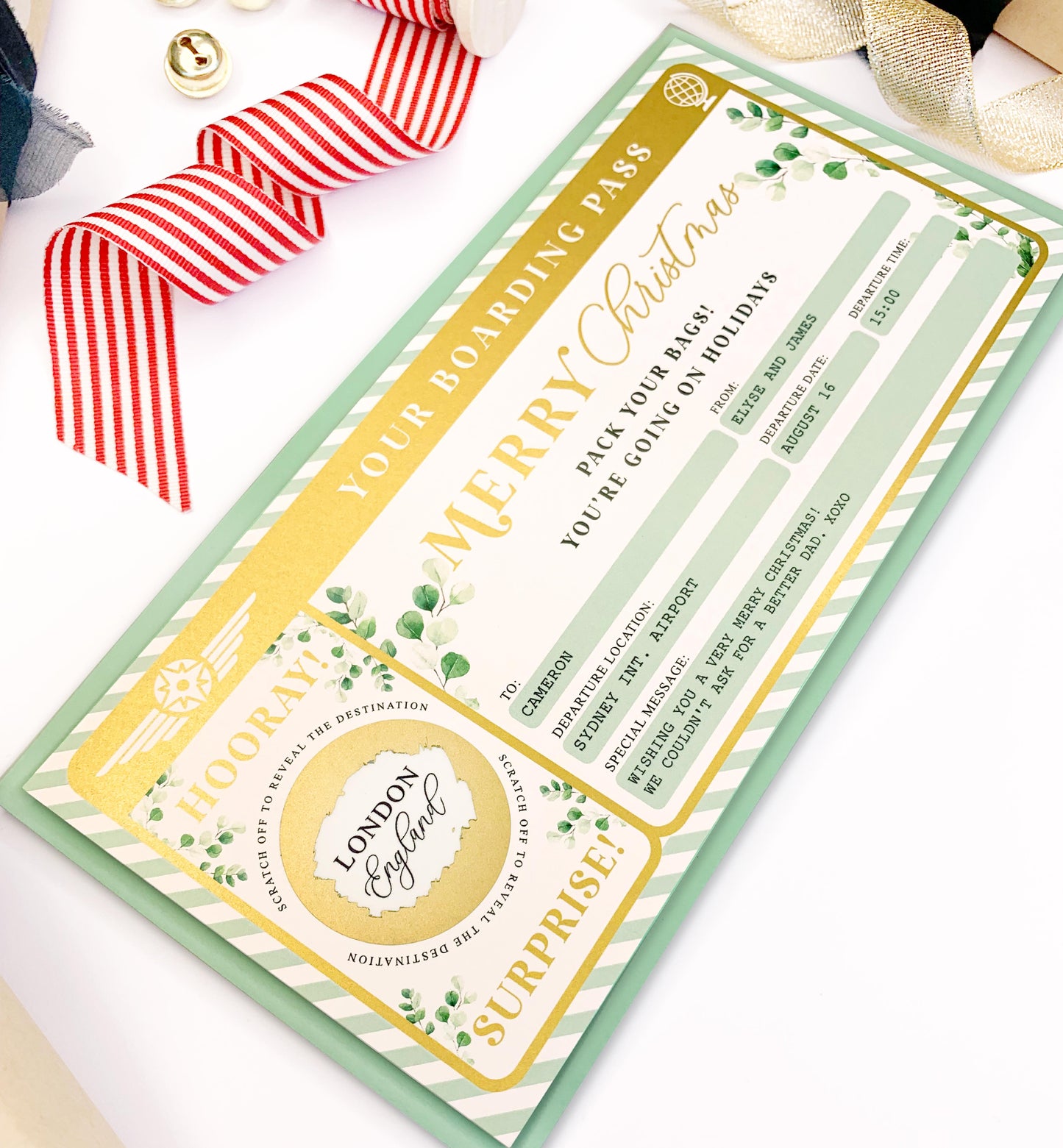 Ferras Greenery Gold | Scratch-off Christmas Boarding Pass