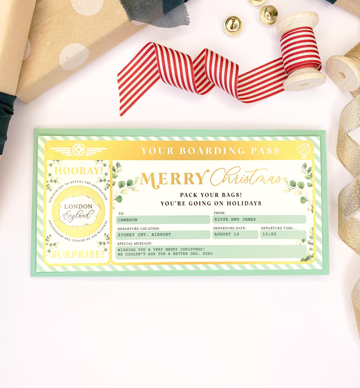 Ferras Greenery Gold | Scratch-off Christmas Boarding Pass
