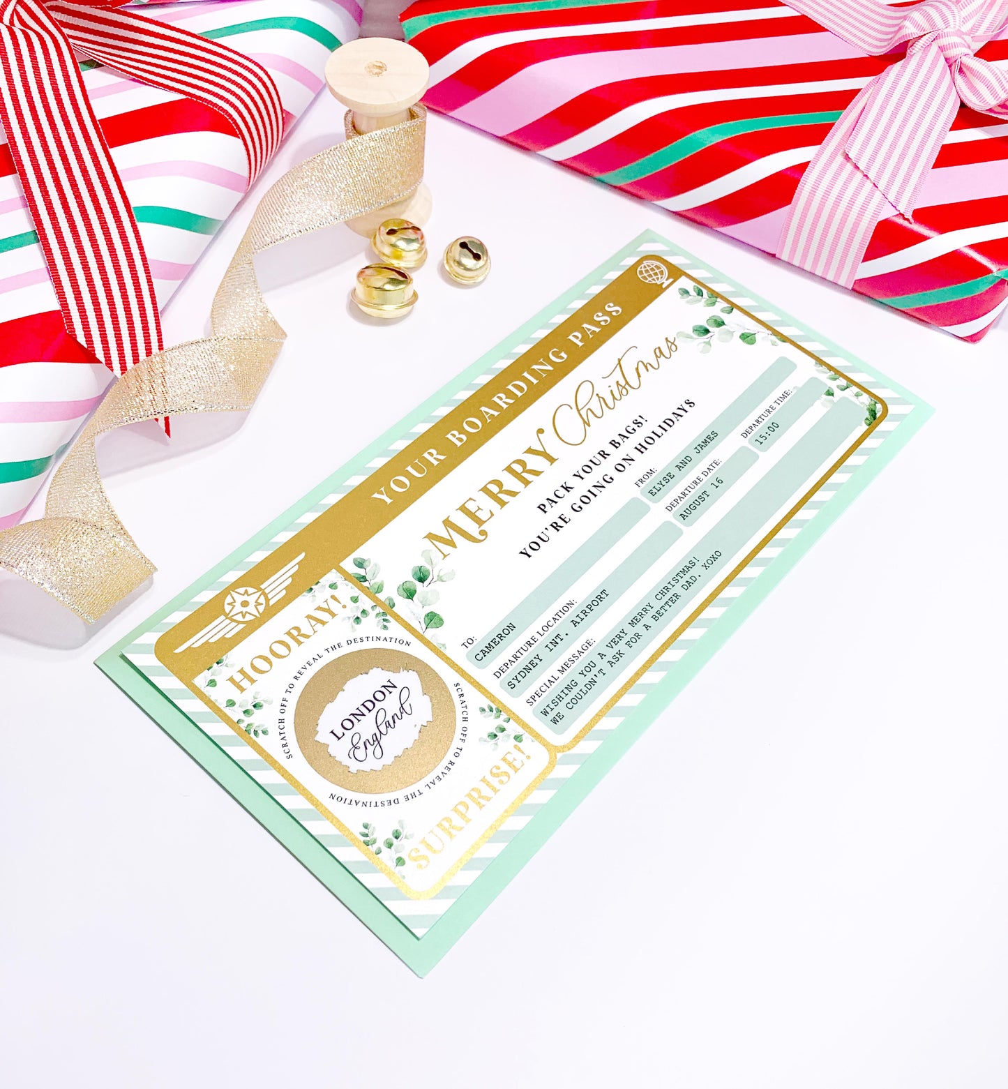 Ferras Greenery Gold | Scratch-off Christmas Boarding Pass