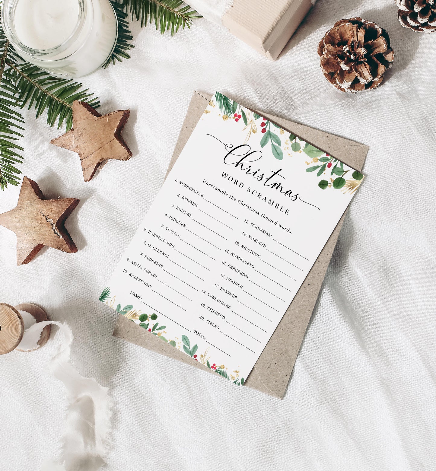 Merriment Christmas | Printable Christmas Word Scramble Game - Black Bow Studio