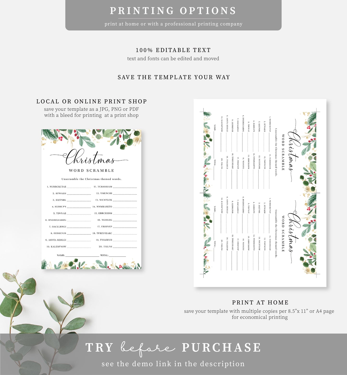 Merriment Christmas | Printable Christmas Word Scramble Game - Black Bow Studio