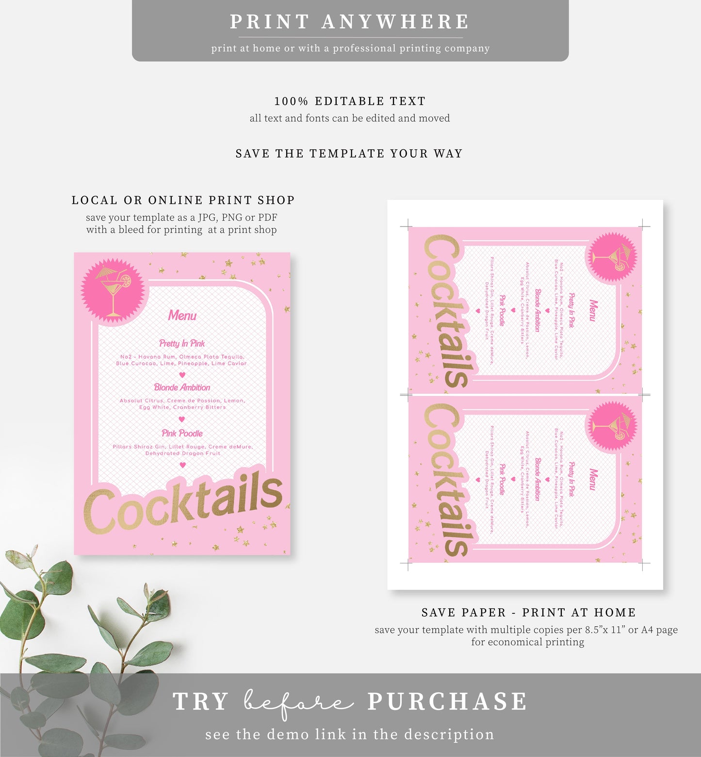 Barbie Party Pink Gold | Printable Cocktails Bar Menu Sign Template