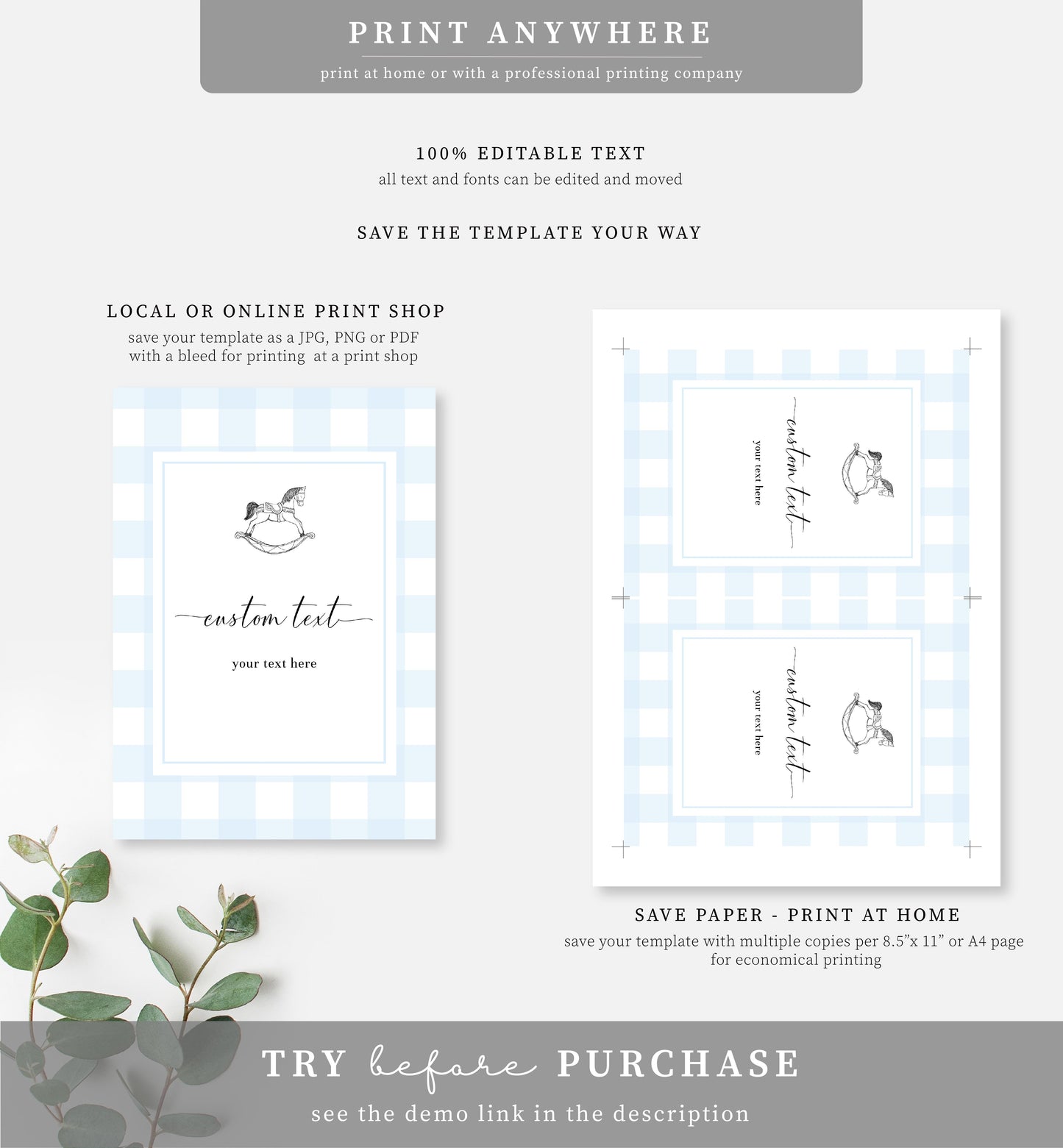Gingham Blue Rocking Horse | Printable Custom Text Sign