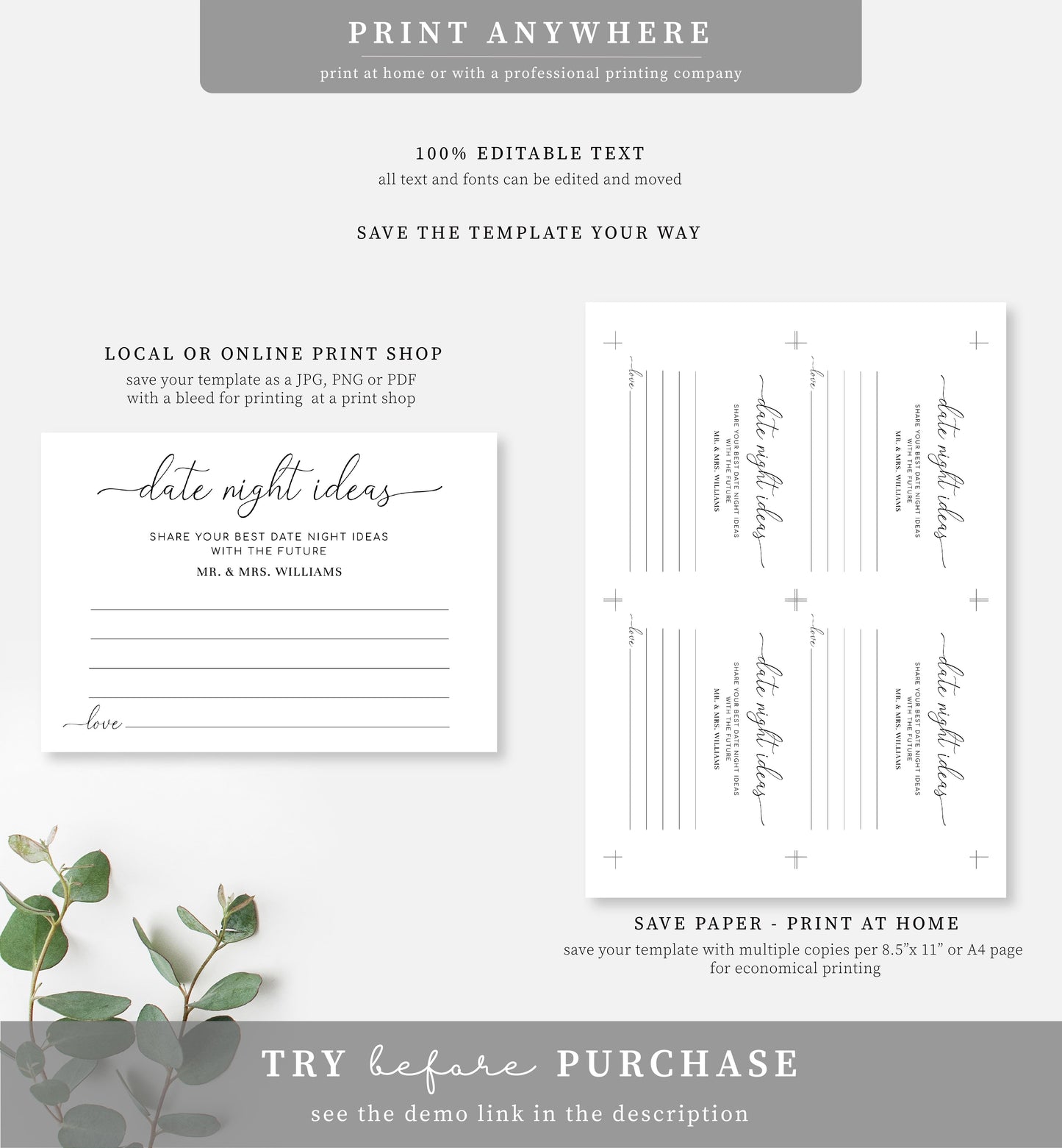 Quinn Script White | Printable Date Night Ideas Sign and Card Template