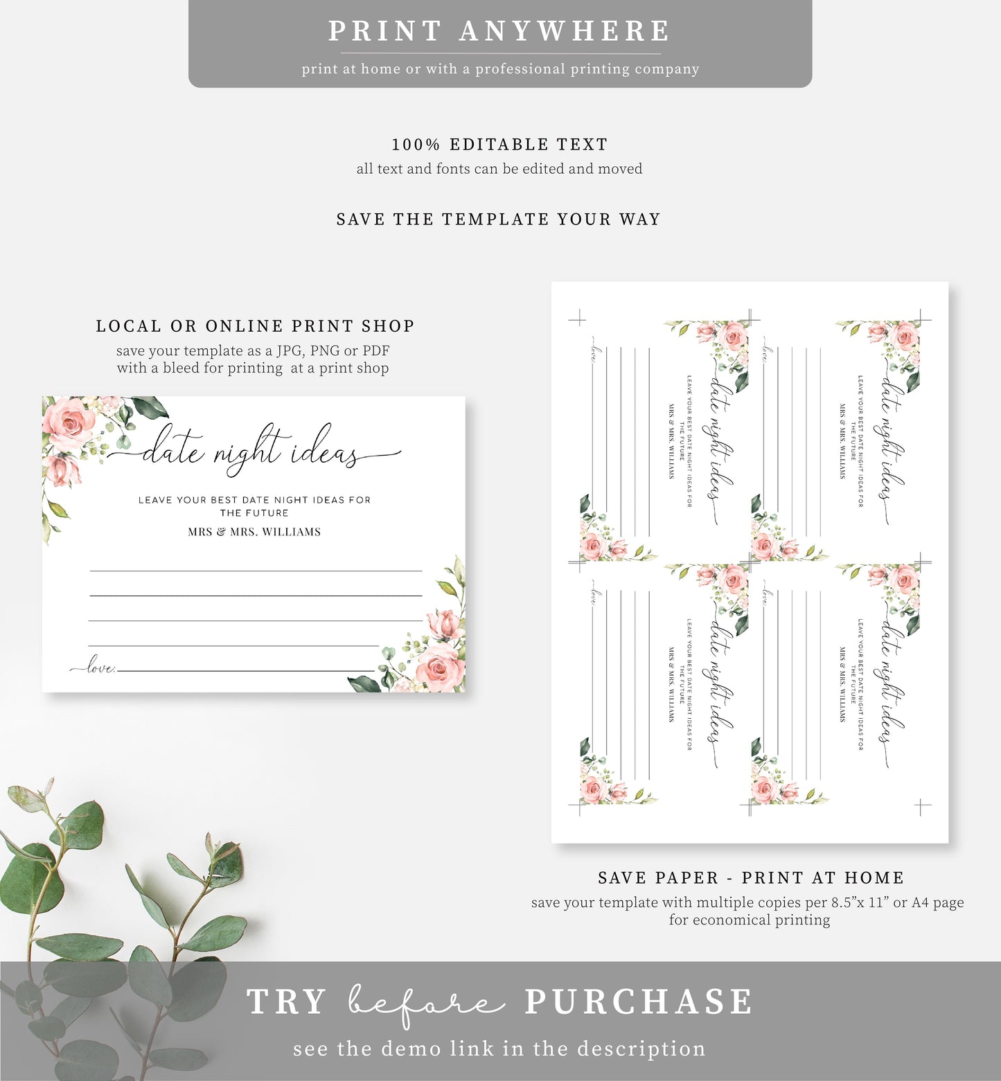 Darcy Floral Pink | Printable Date Night Ideas Sign and Card Template