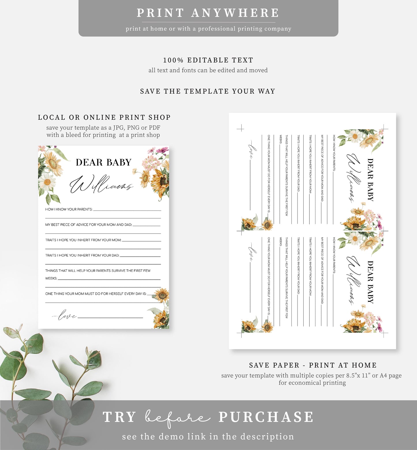 Mews Floral White | Printable Dear Baby Shower Game Template