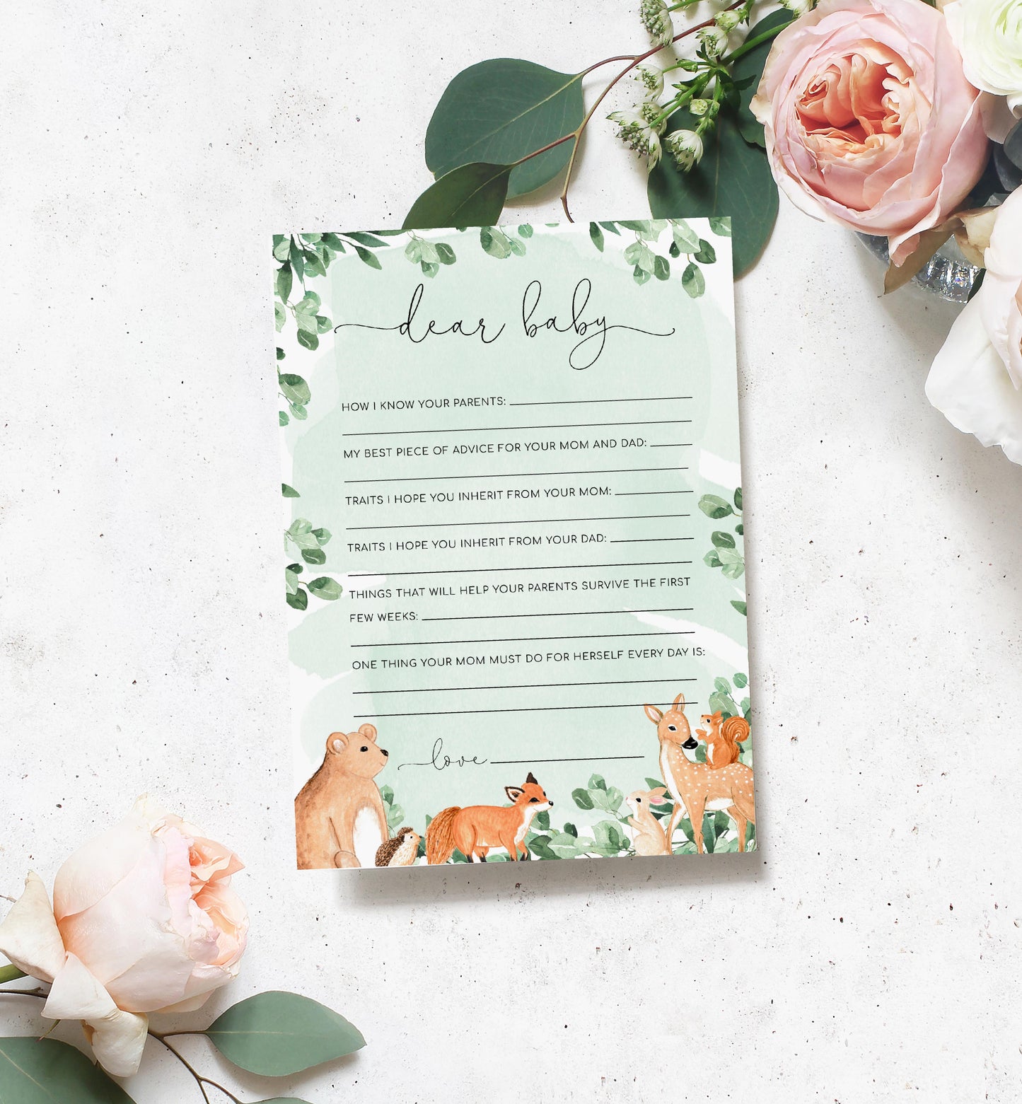 Woodland Animals Green | Printable Dear Baby Shower Game
