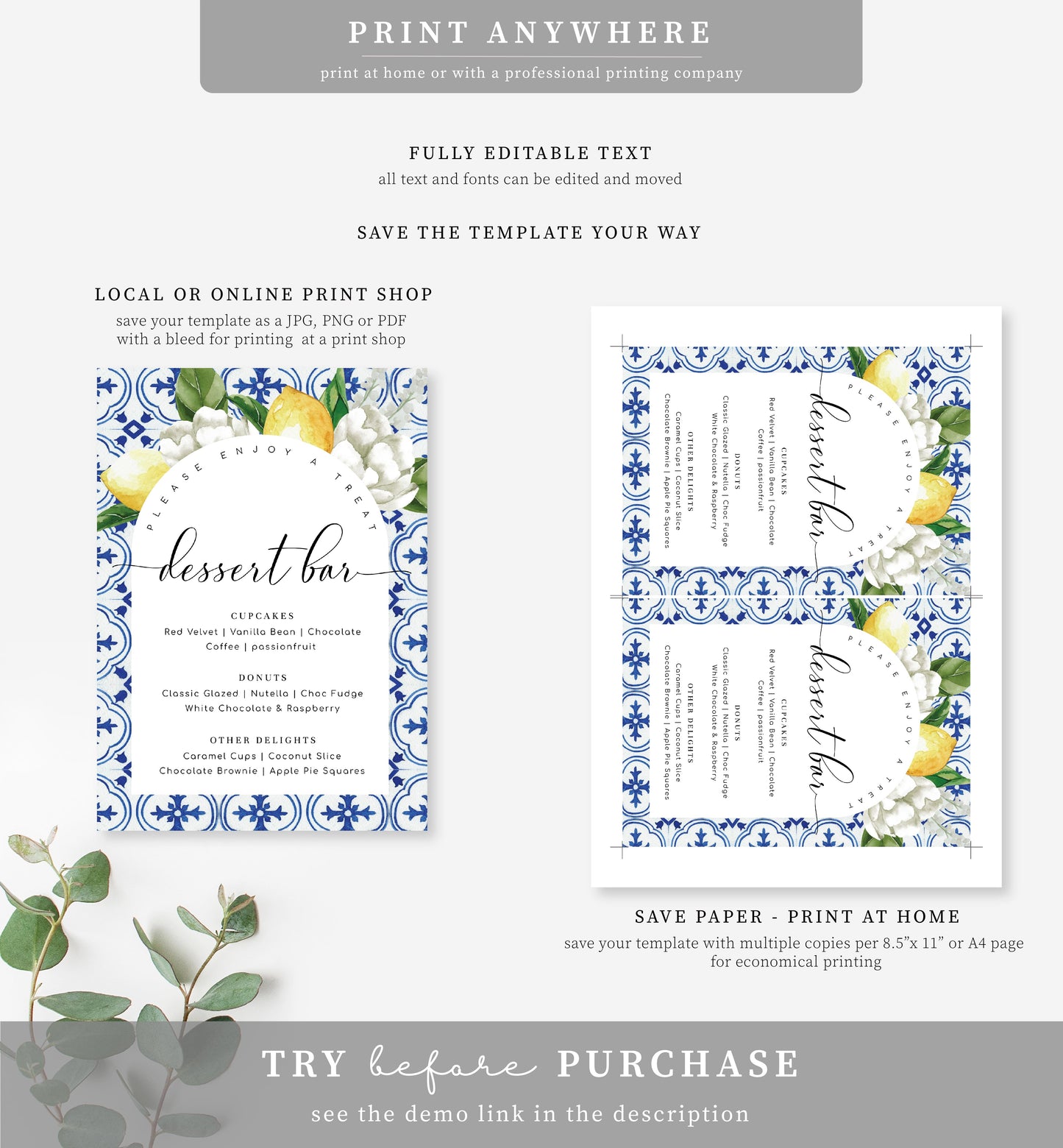 The Med Lemons | Printable Dessert Bar Sign Template