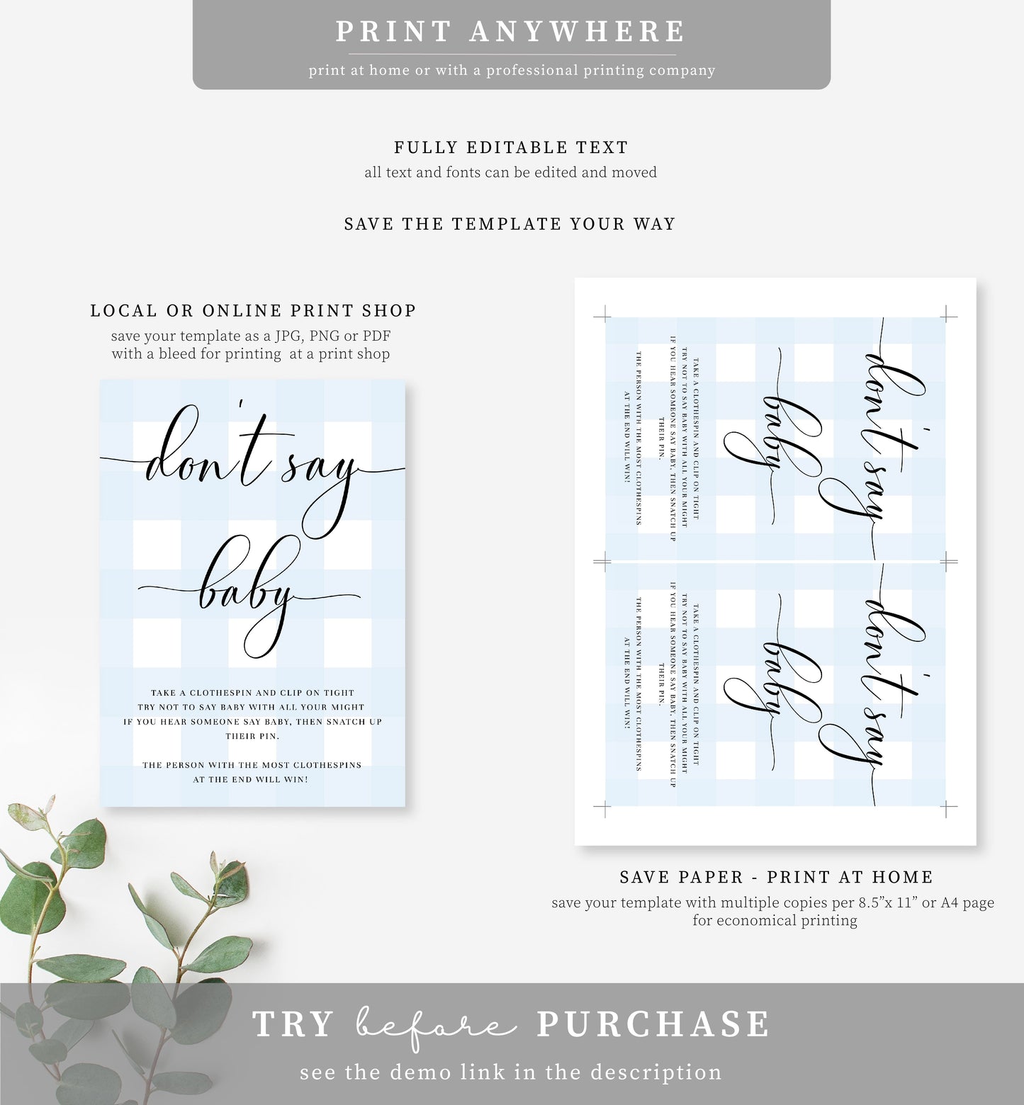 Gingham Blue | Printable Don't Say Baby Game Sign Template