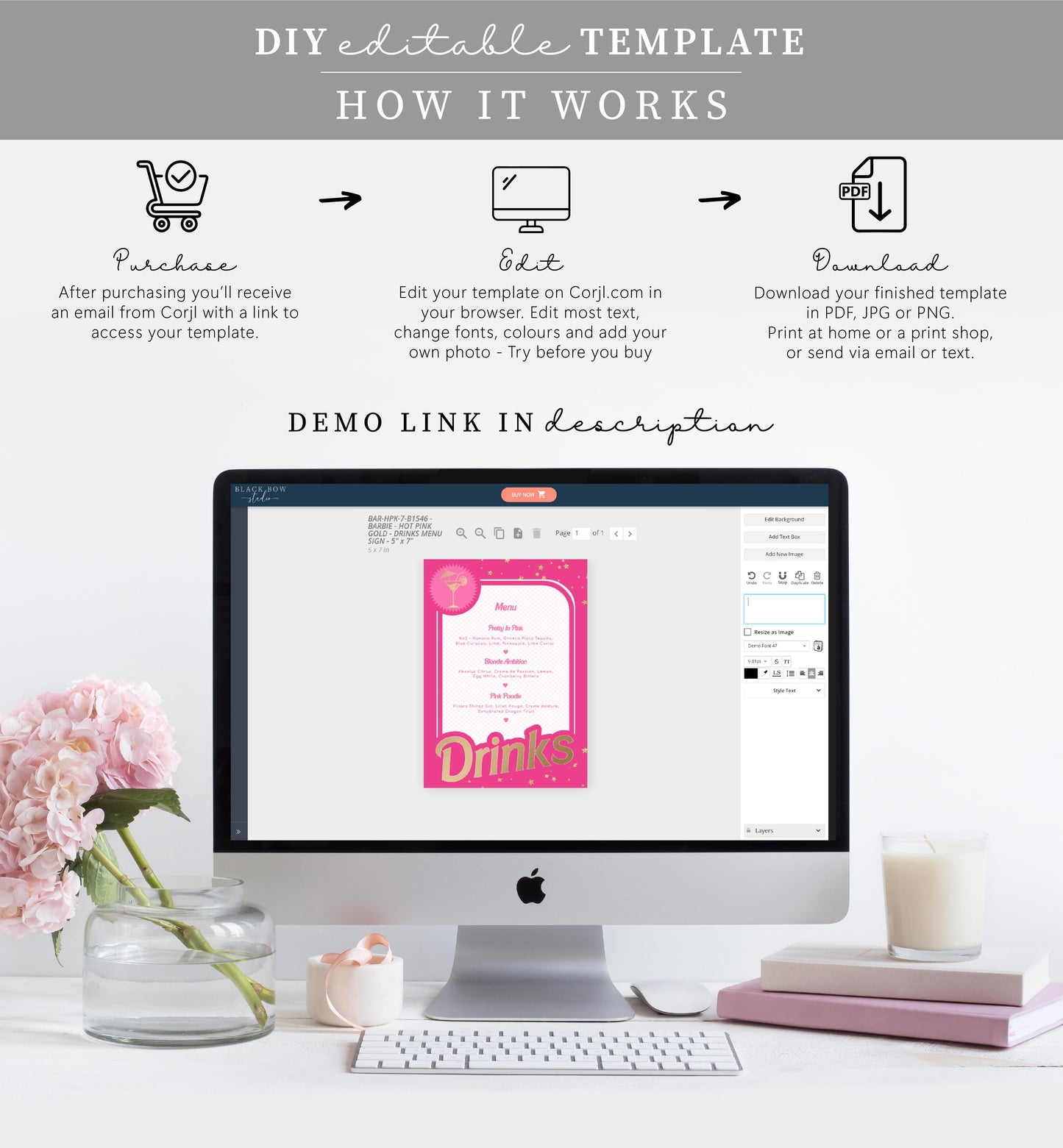 Barbie Party Hot Pink Gold | Printable Bar Menu Sign Template