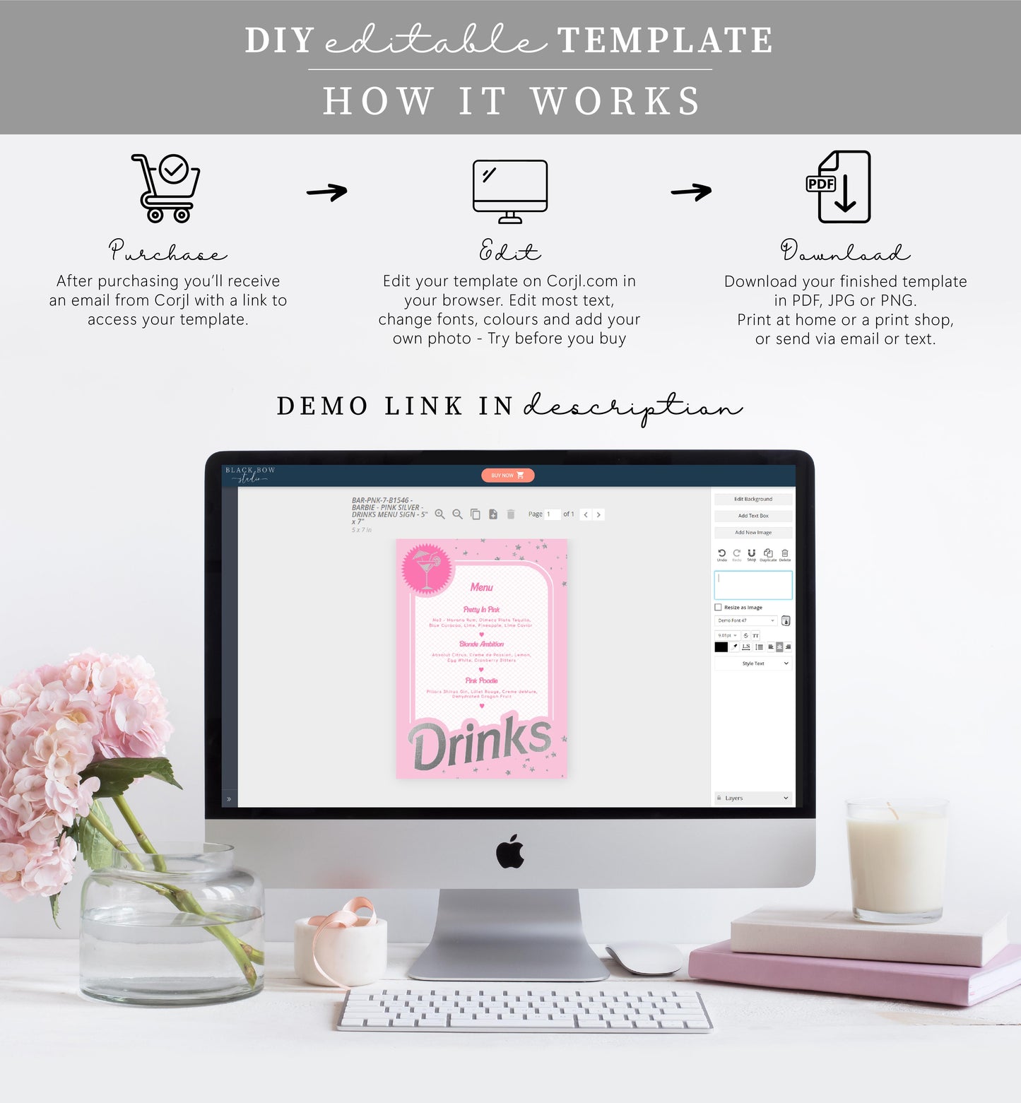Barbie Party Pink Silver | Printable Drinks Bar Menu Sign Template