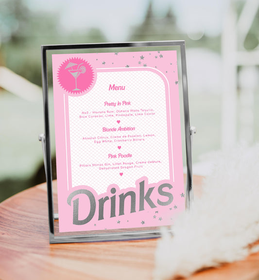 Barbie Party Pink Silver | Printable Drinks Bar Menu Sign Template
