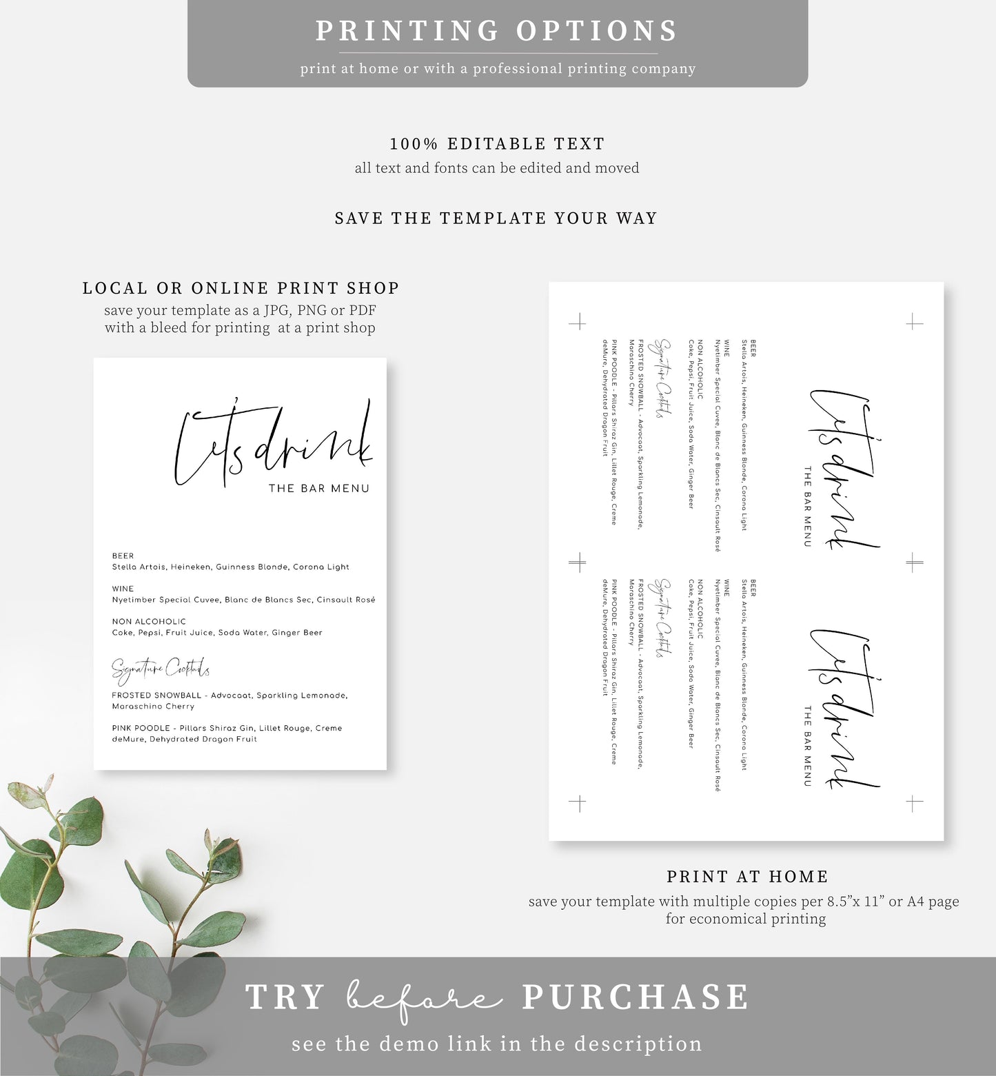 Gigi Script | Printable Drinks Menu