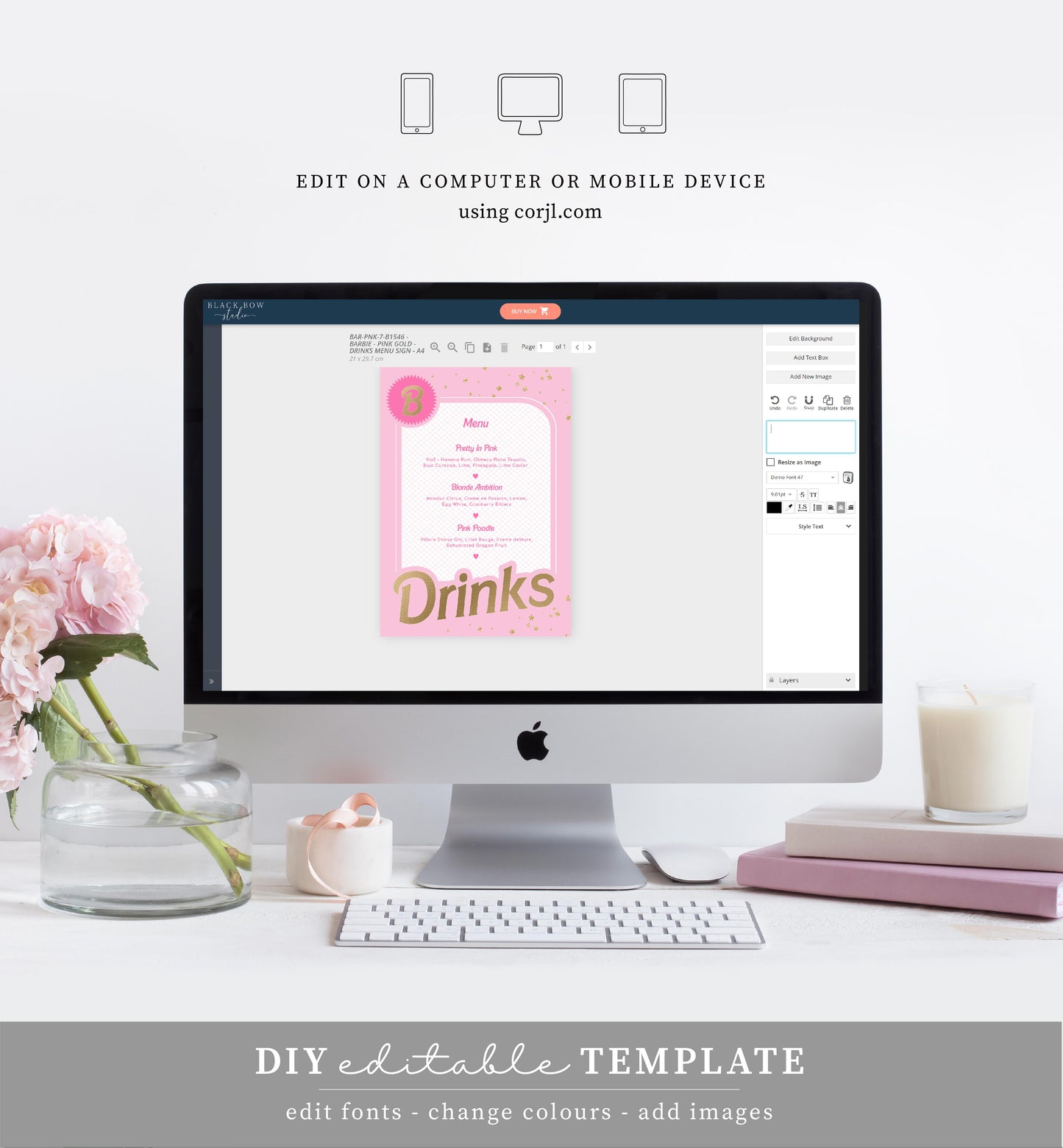 Barbie Party Pink Gold | Printable Bar Menu Sign Template - Black Bow Studio