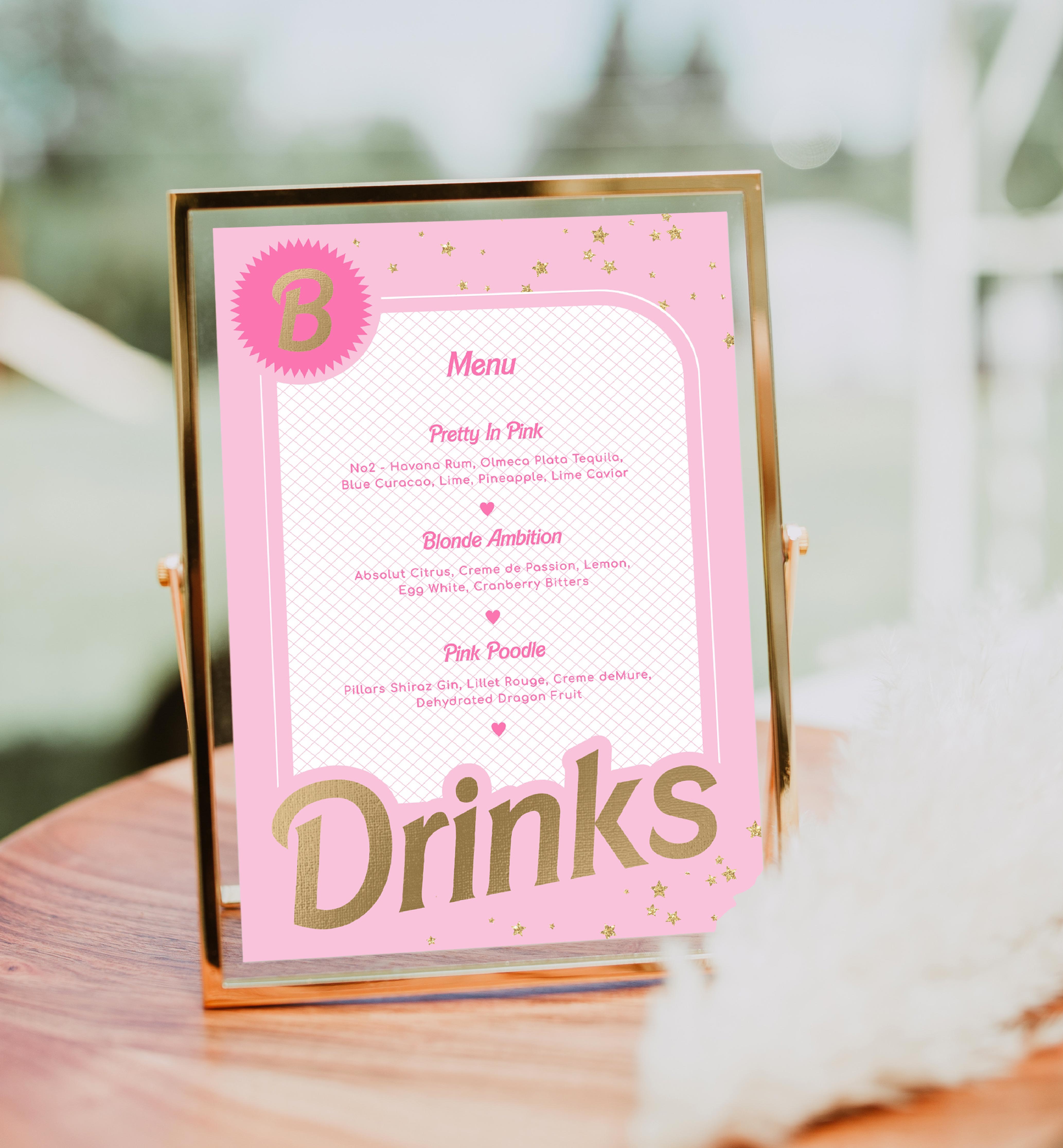 Barbie Party Pink Gold Printable Bar Menu Sign Template Black Bow