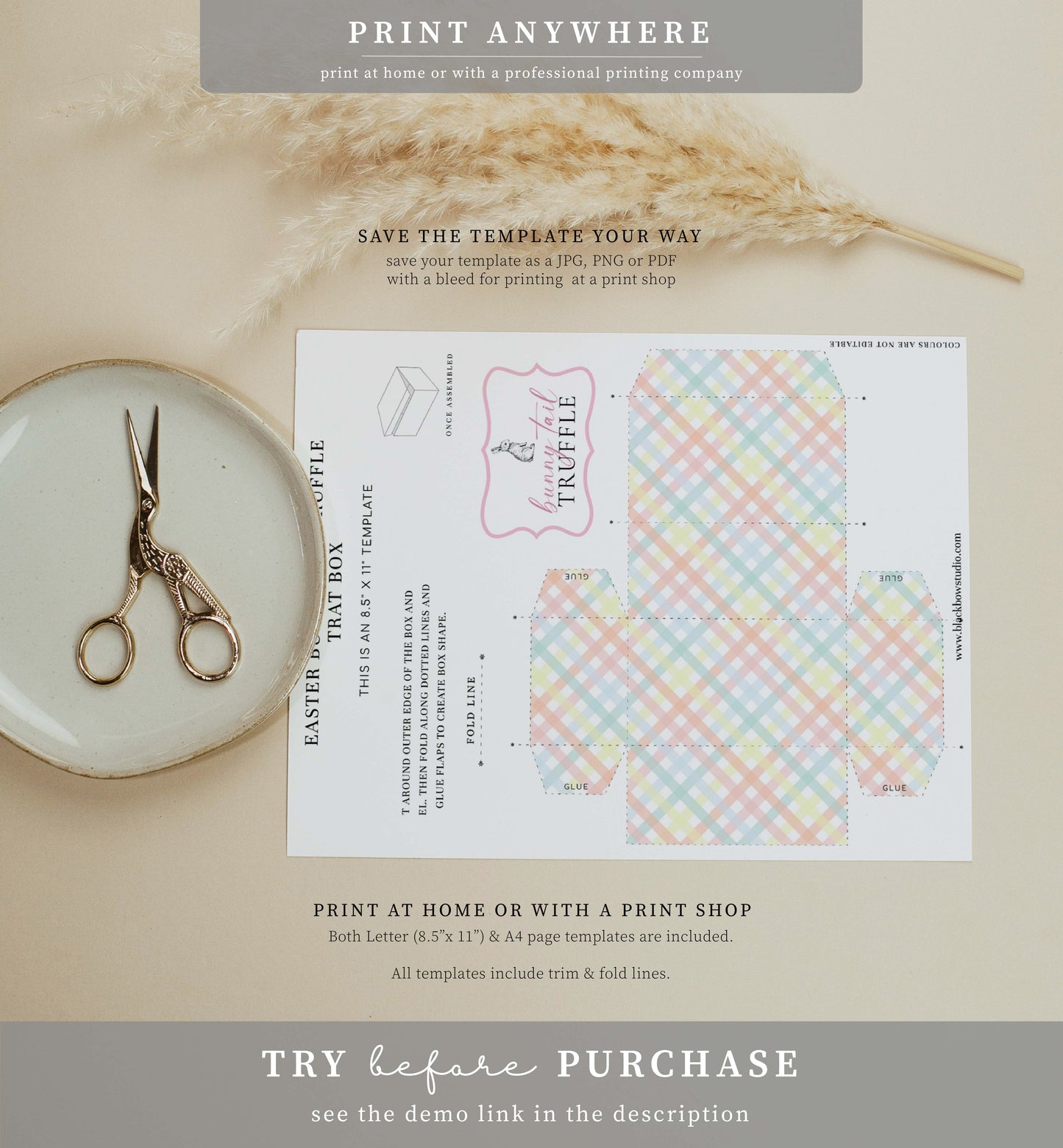 Printable Easter Bunny Tail Truffle Treat Box Template, Editable Easter Egg Gift Box, Easter Candy Box Multi Coloured Gingham