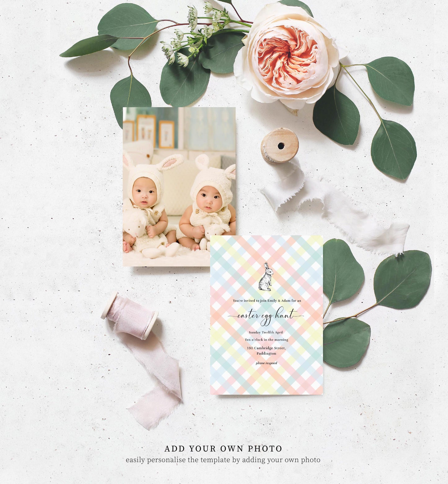 Gingham Easter Invitation, Easter Egg Hunt Editable Invitation, Easter Brunch Printable Invitation, Easter Bunny, Picnic Gingham Multi