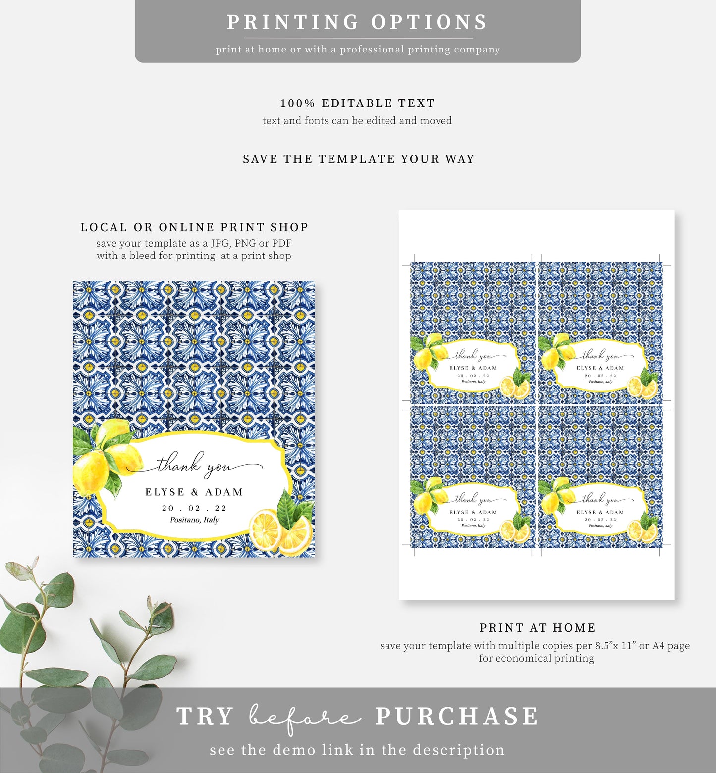 Positano Lemons | Printable Favour Treat Bag Topper Template