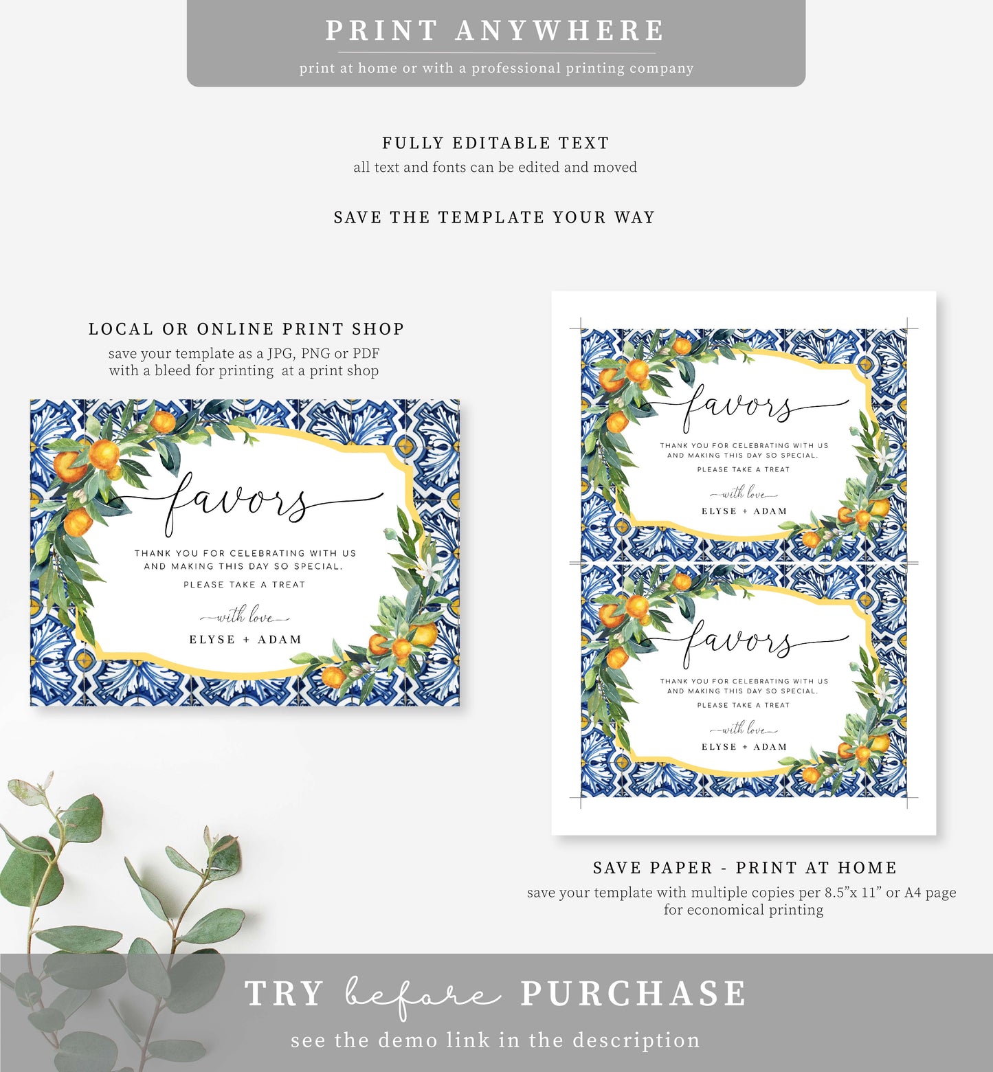 Positano Oranges | Printable Favours Sign Template