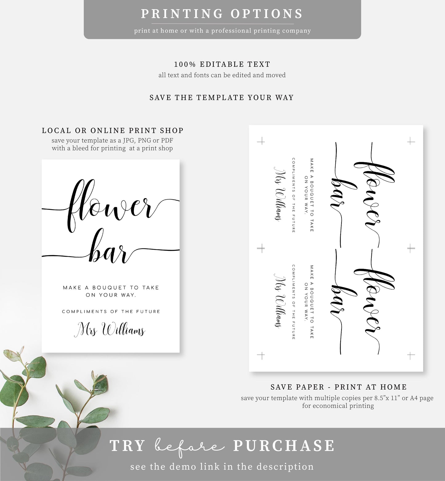 Leyton Script | Printable Flower Bar Sign